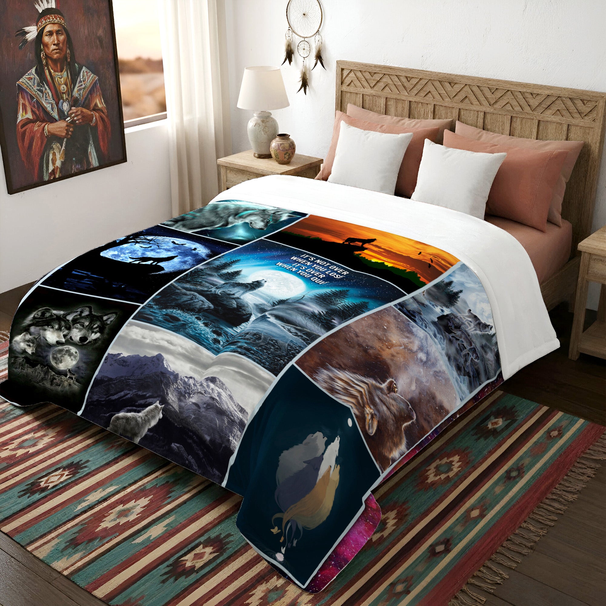 Native American Night Wolves Symbols Soft and Warm Premium Fleece Blanket