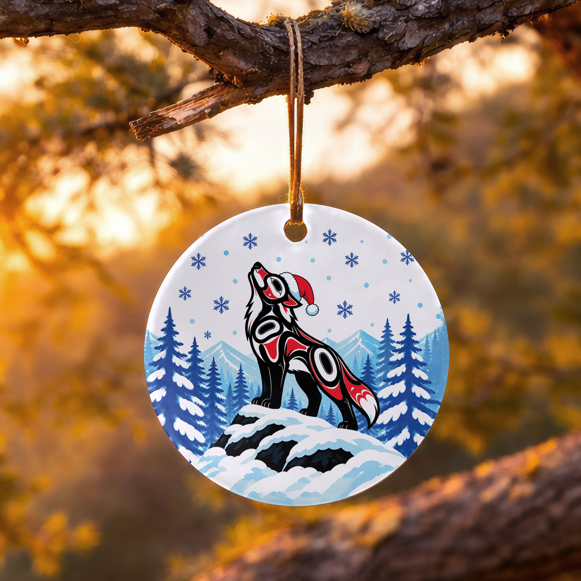 Howling Wolf Christmas Native Tribal Ceramic Ornament - Indigenous Art Decor