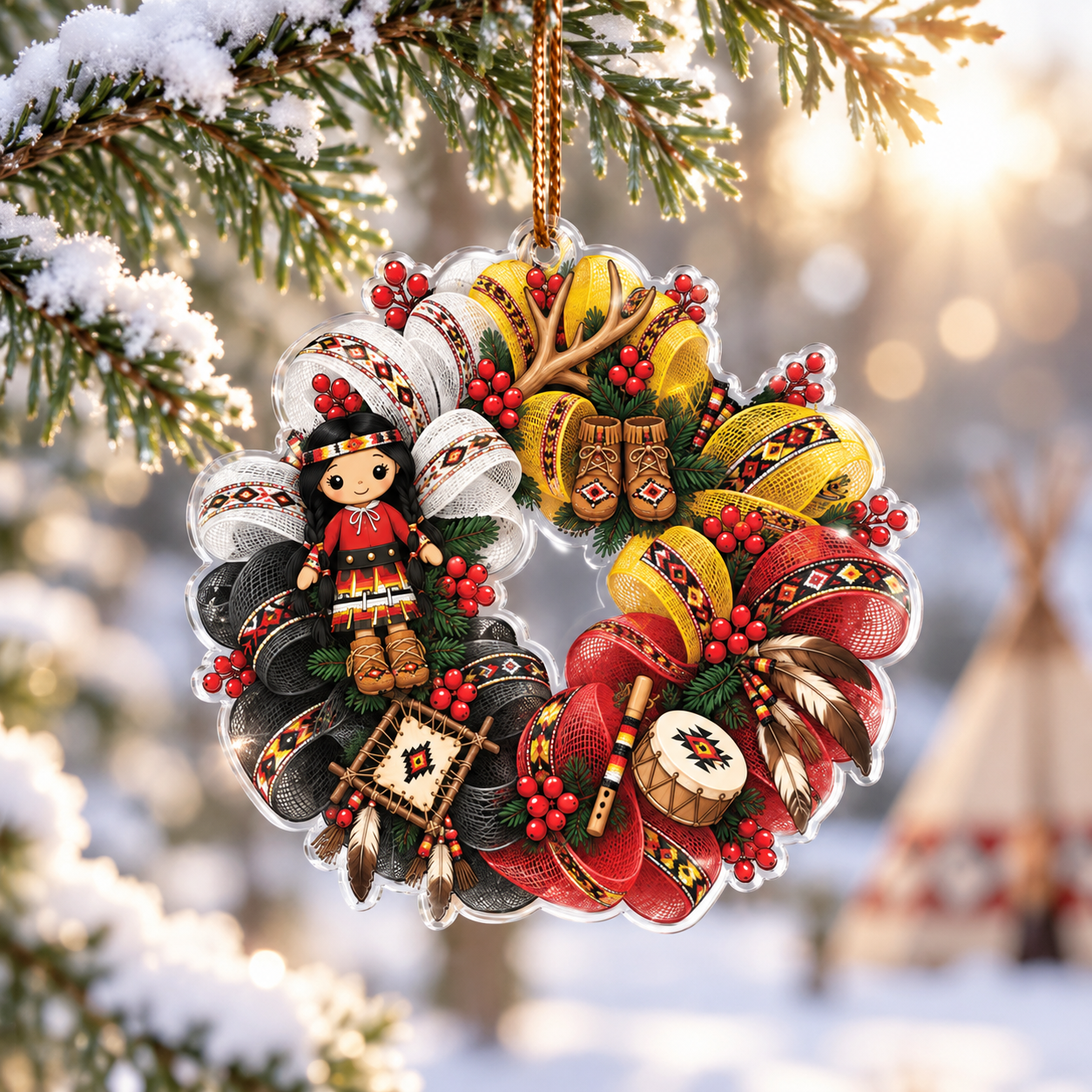 Indigenous Girl Tribal Wreath Acrylic Ornament - Unique Gift Decor Flat Acrylic