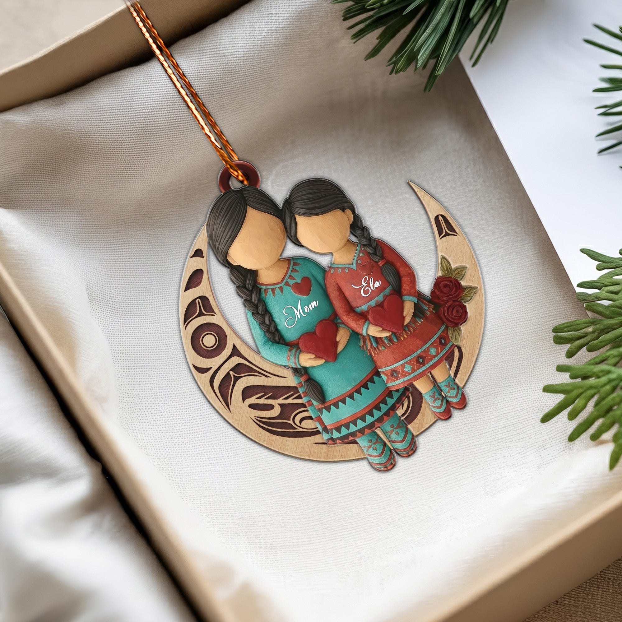 Native Mother & Daughter Moon Ornament Unique Christmas Gift Decor Flat Acrylic (Custom Name)