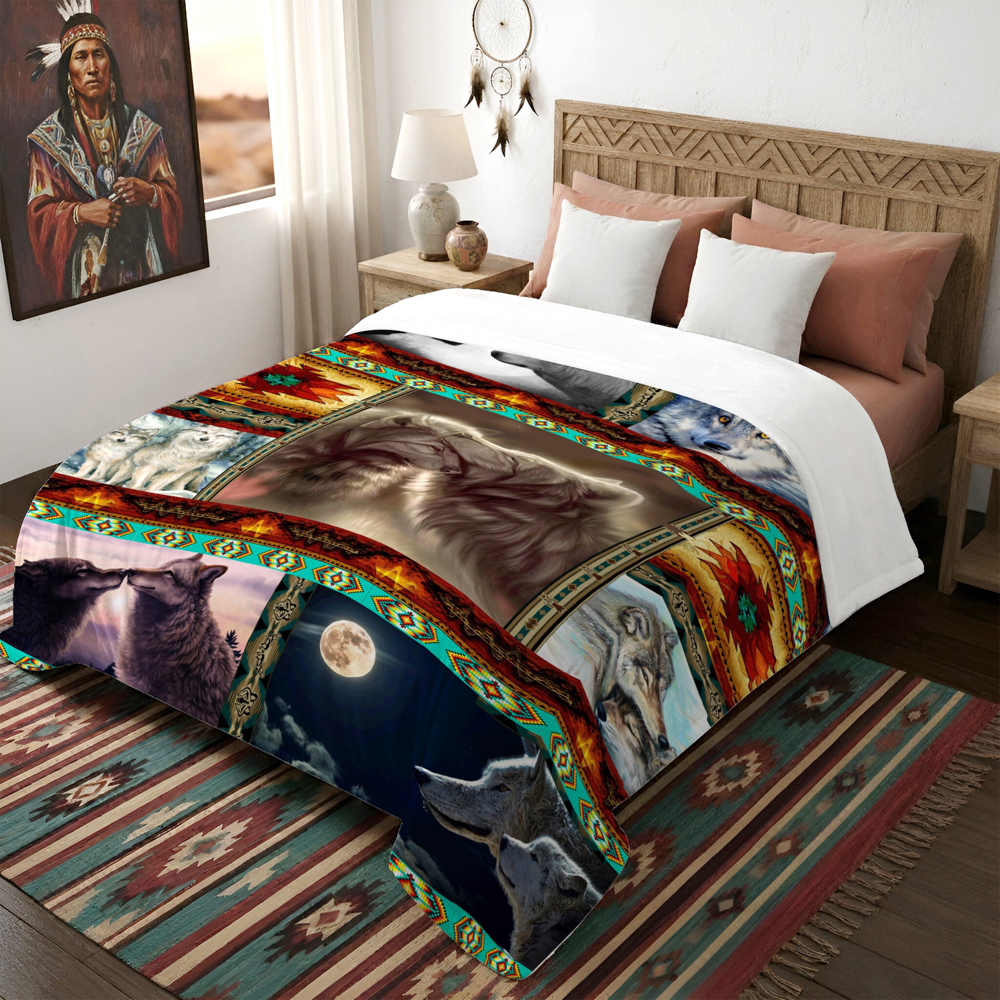 Native American Wolf Flock Fleece Blanket Soft and Warm Premium Fleece Blanket