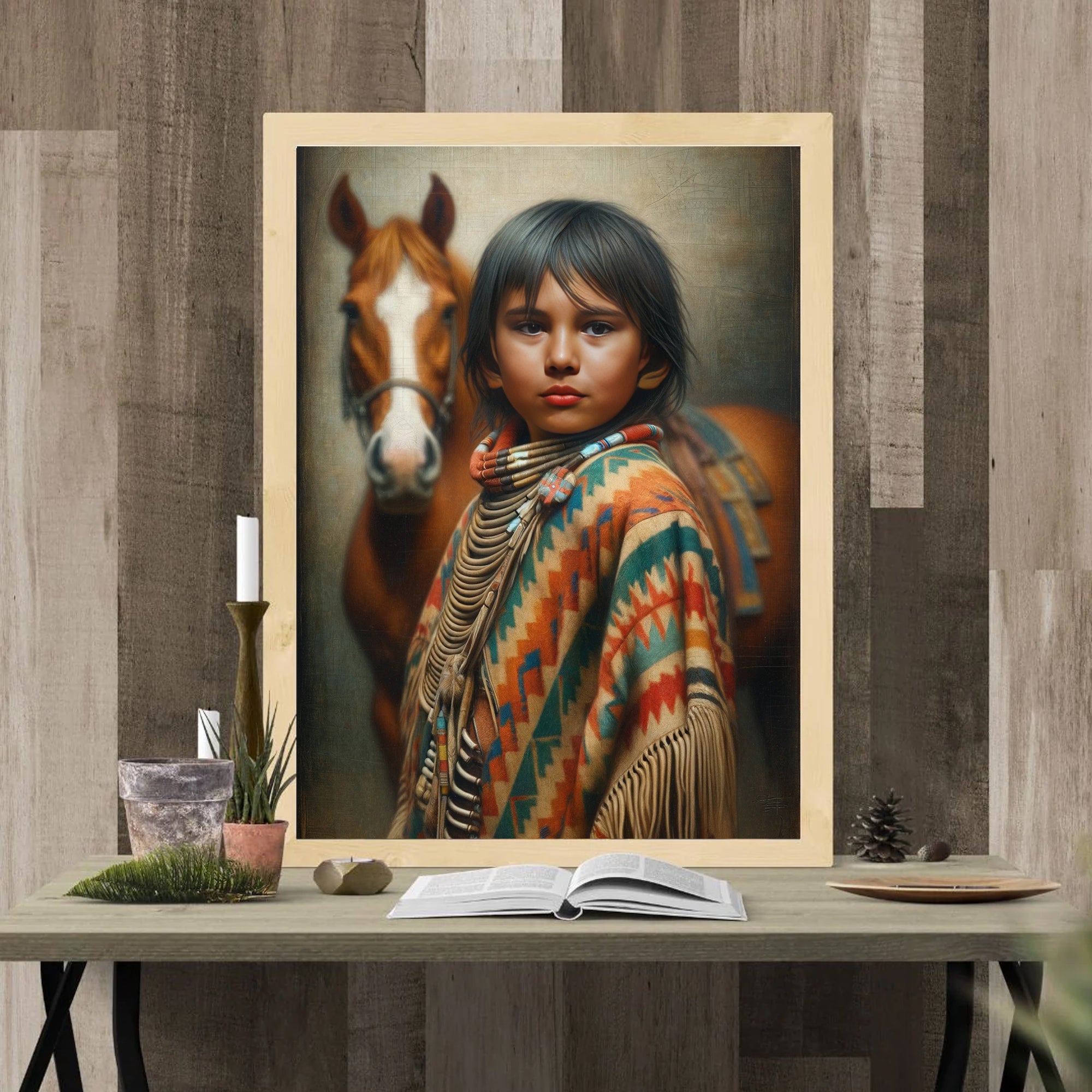 Custom Native American Child and The Horse Portrait Photo Canvas Art Gift Home Decor
