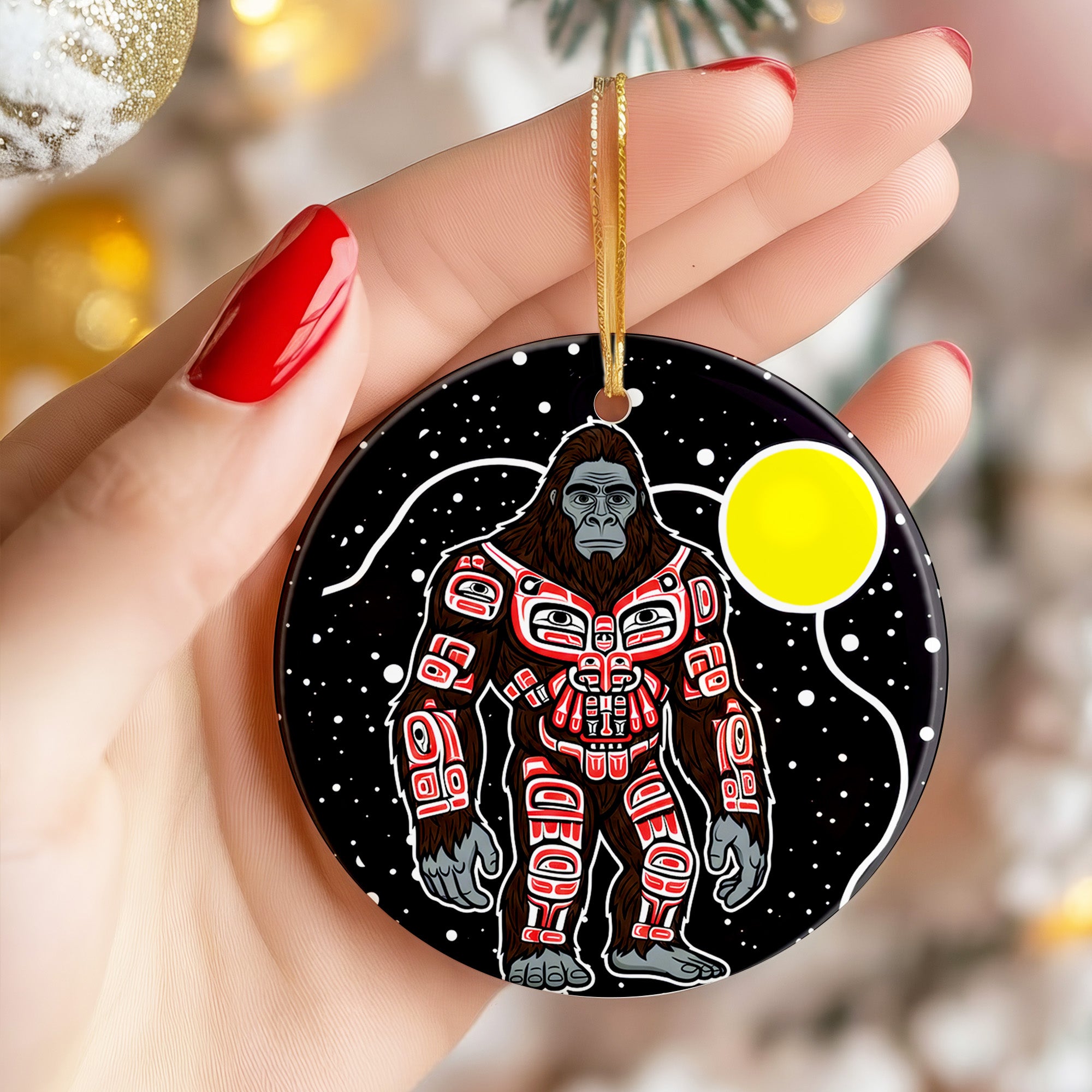 Moonlit Bigfoot Spirit Ceramic Ornament – Indigenous Art Decor