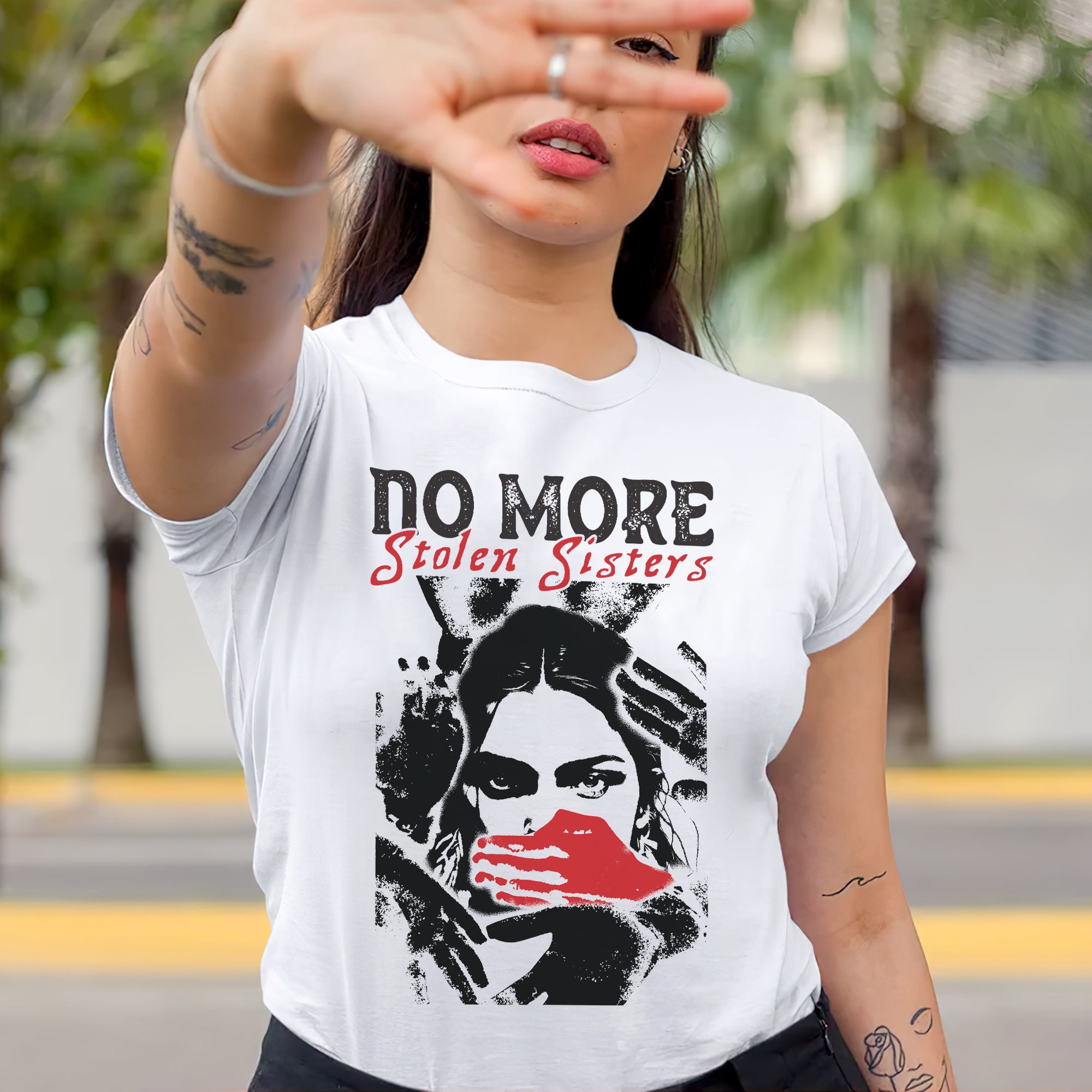 No More Stolen Sisters Red Hand - MMIW Unisex T-Shirt/T-Shirt V-Neck/Hoodie/Sweatshirt One Side