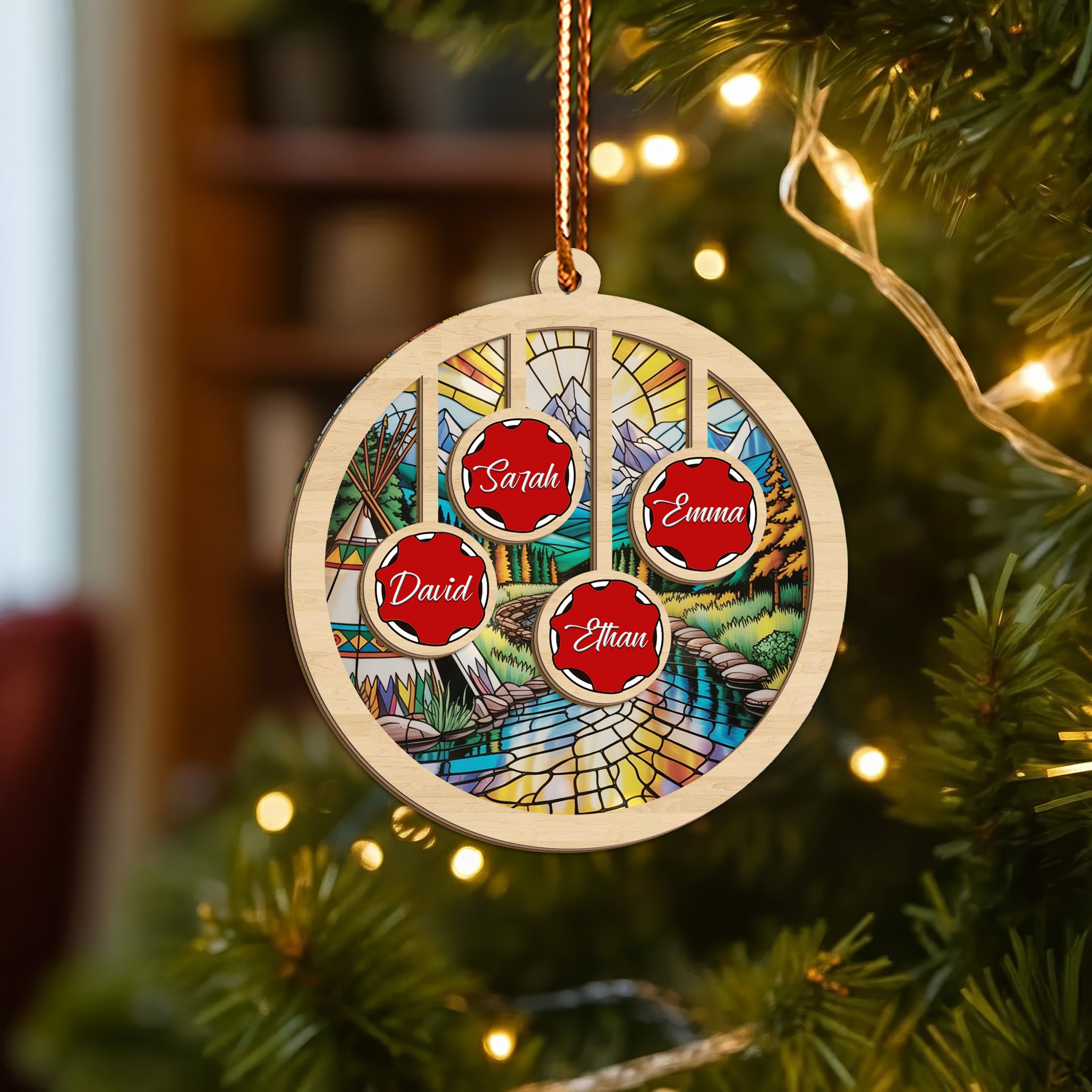 Native Teepee and Nature Family Ornament Unique Christmas Gift Decor Wood and Acrylic (Custom Name)