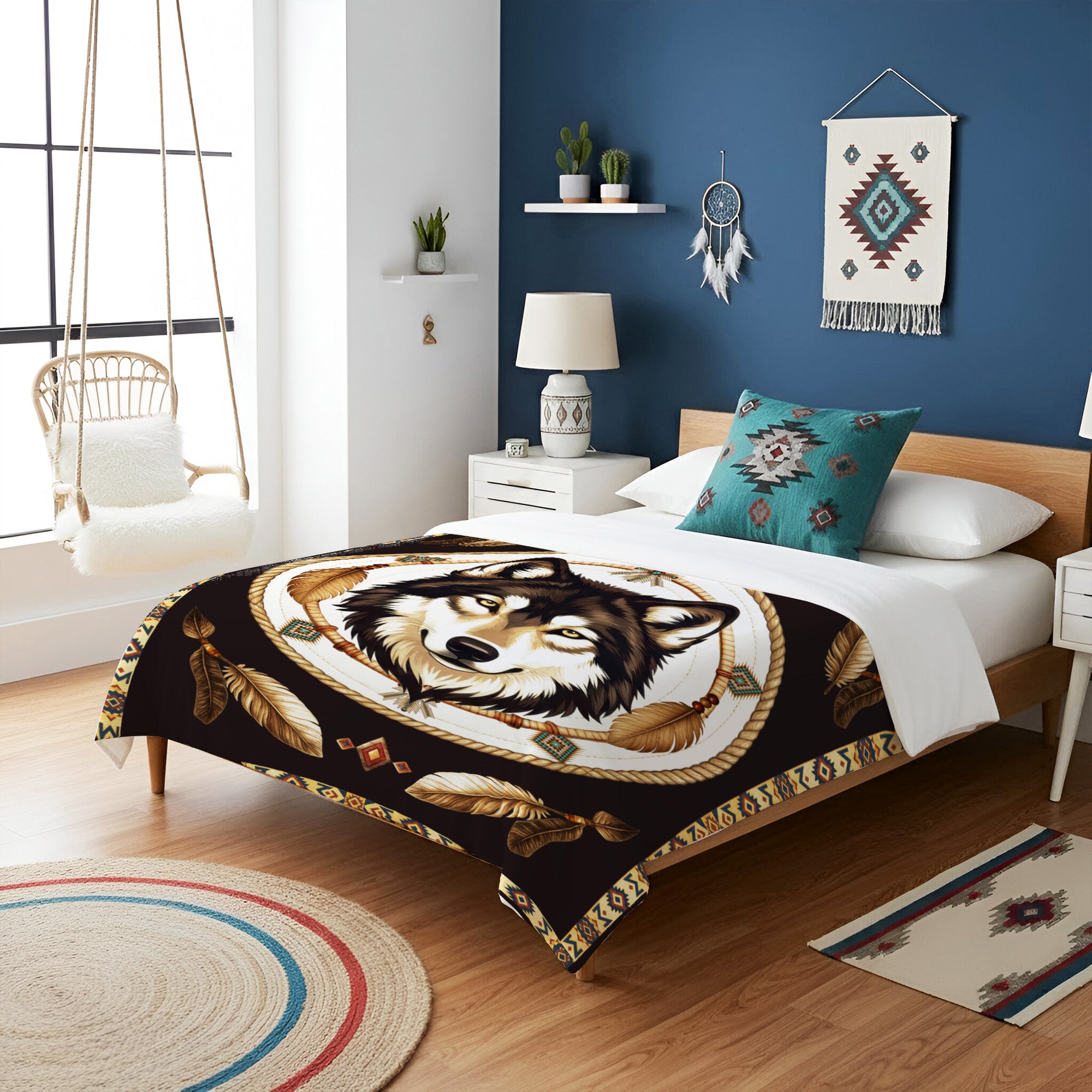 Native Wisdom Wolf Throw Native American Cozy Fleece Blanket