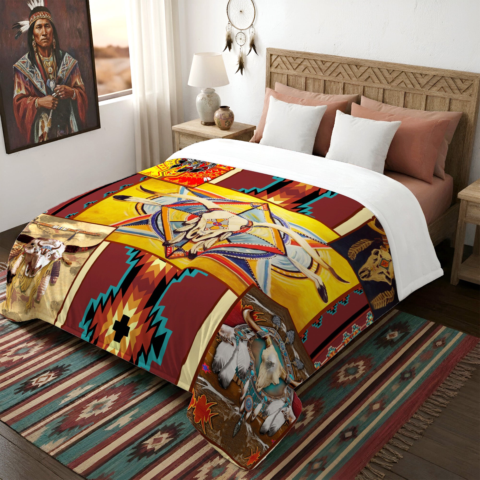 Native American Style Yellow Buffalo Symbols Soft and Warm Premium Fleece Blanket