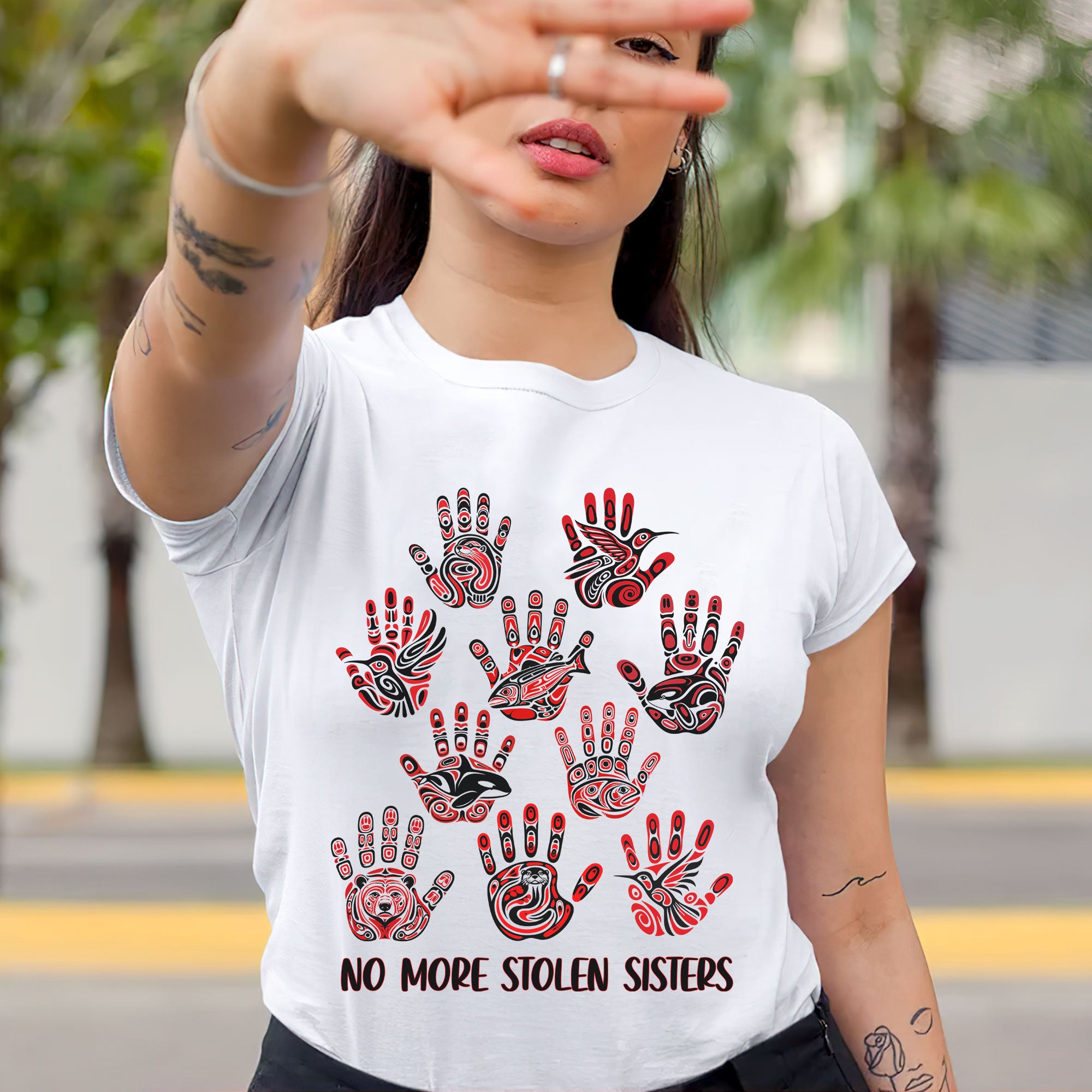 No More Stolen Sisters - MMIW Awareness with Tribal Hand and Animal Design Unisex T-shirt/T-shirt V-Neck/Hoodie/Sweatshirt
