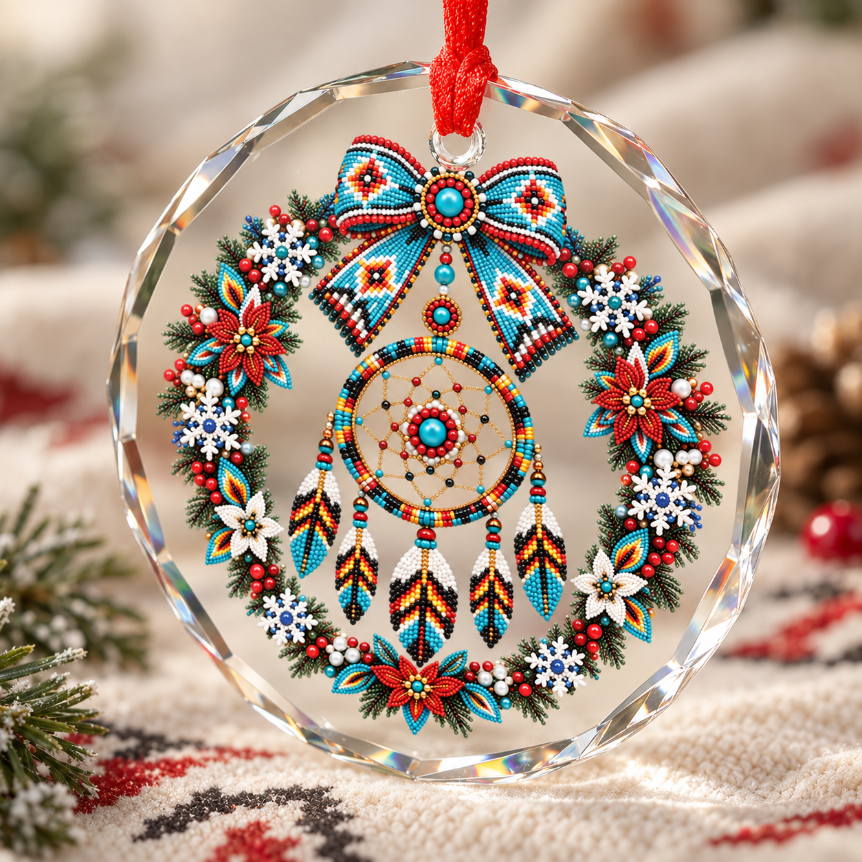 Native Beaded Dreamcatcher Wreath Glass Ornament – Indigenous Art Decor