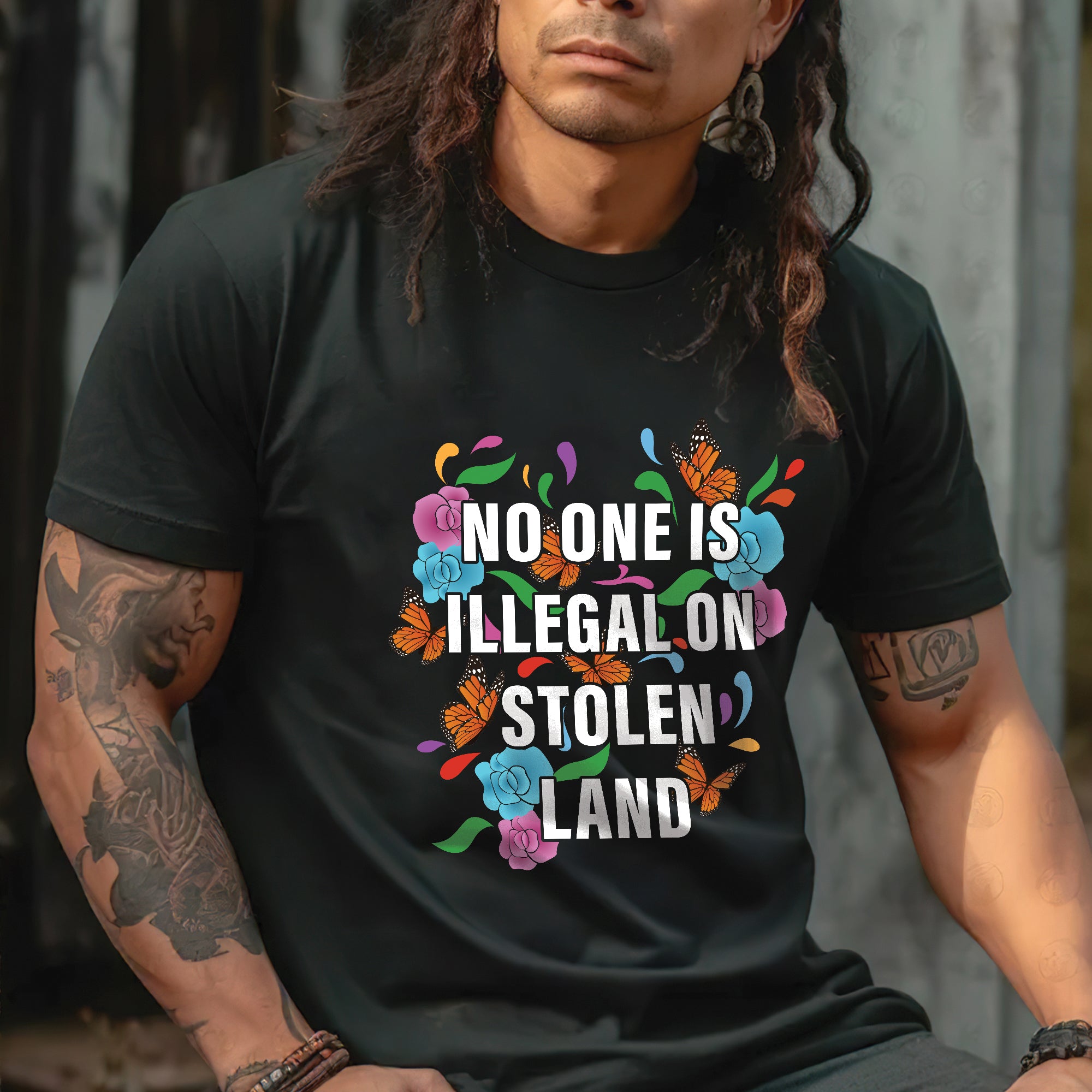 No One Is Illegal On Stolen Land Colorful Butterfly and Floral Design Unisex T-shirt/V-neck T-shirt/Hoodie/Sweatshirt