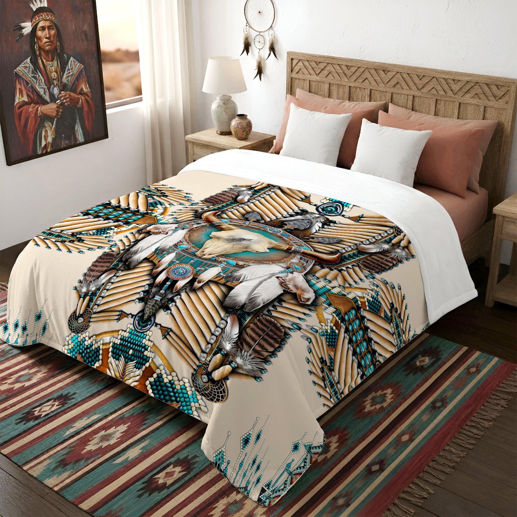 Native American Buffalo Head Motifs Premium Fleece Blanket, Turiquoise Native Indian Pattern Feather Fleece Blanket