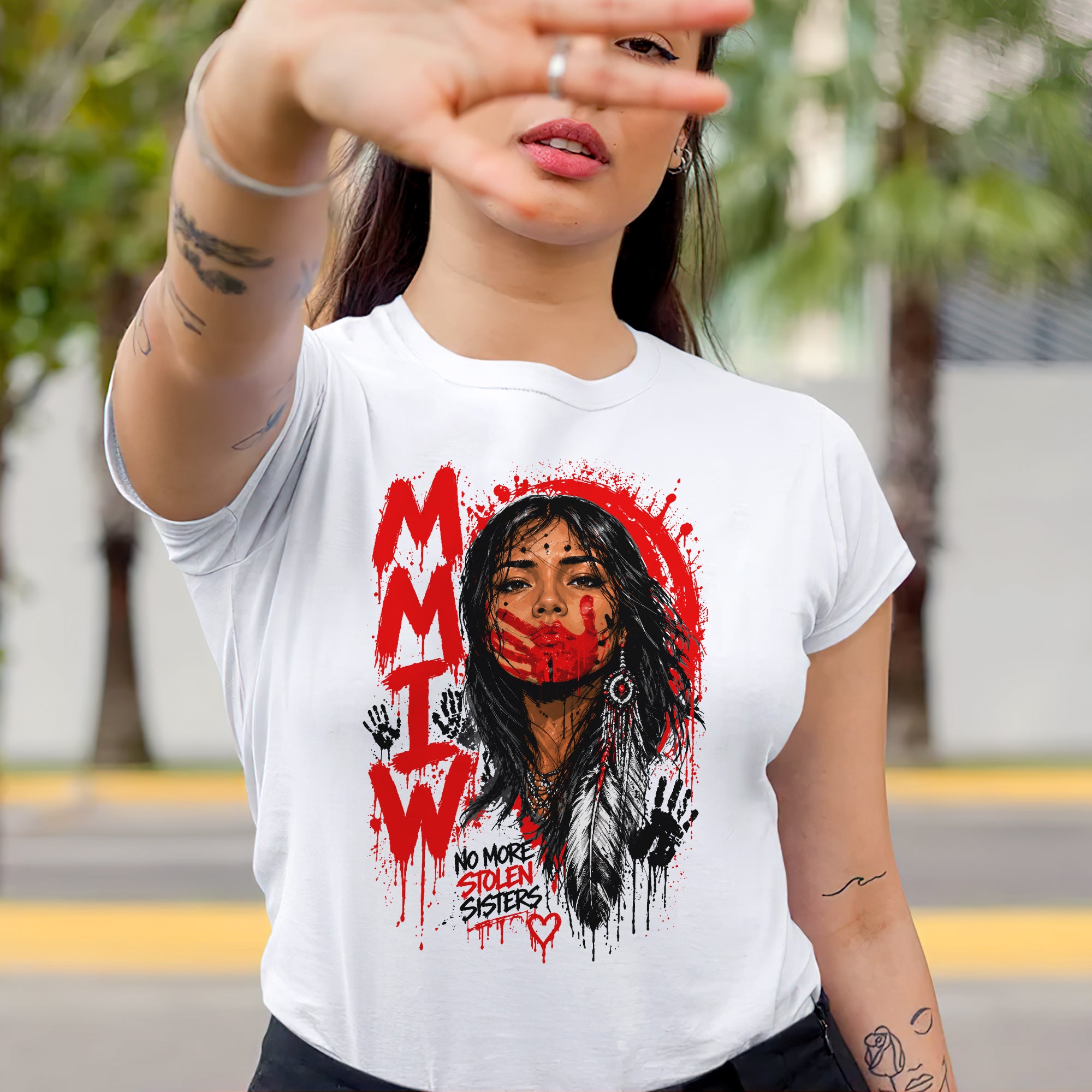 Voice of the Silent - MMIW Native Woman Portrait with Red Handprint Unisex T-shirt/T-shirt V-Neck/Hoodie/Sweatshirt