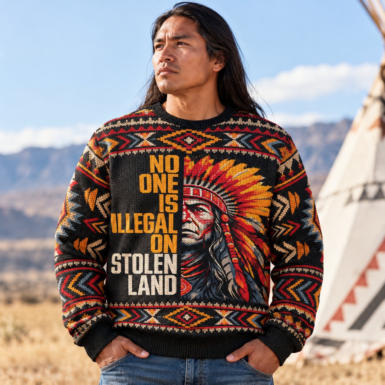No One Is Illegal On Stolen Land Ugly Sweatshirt - Native American Ugly Sweatshirt Unisex