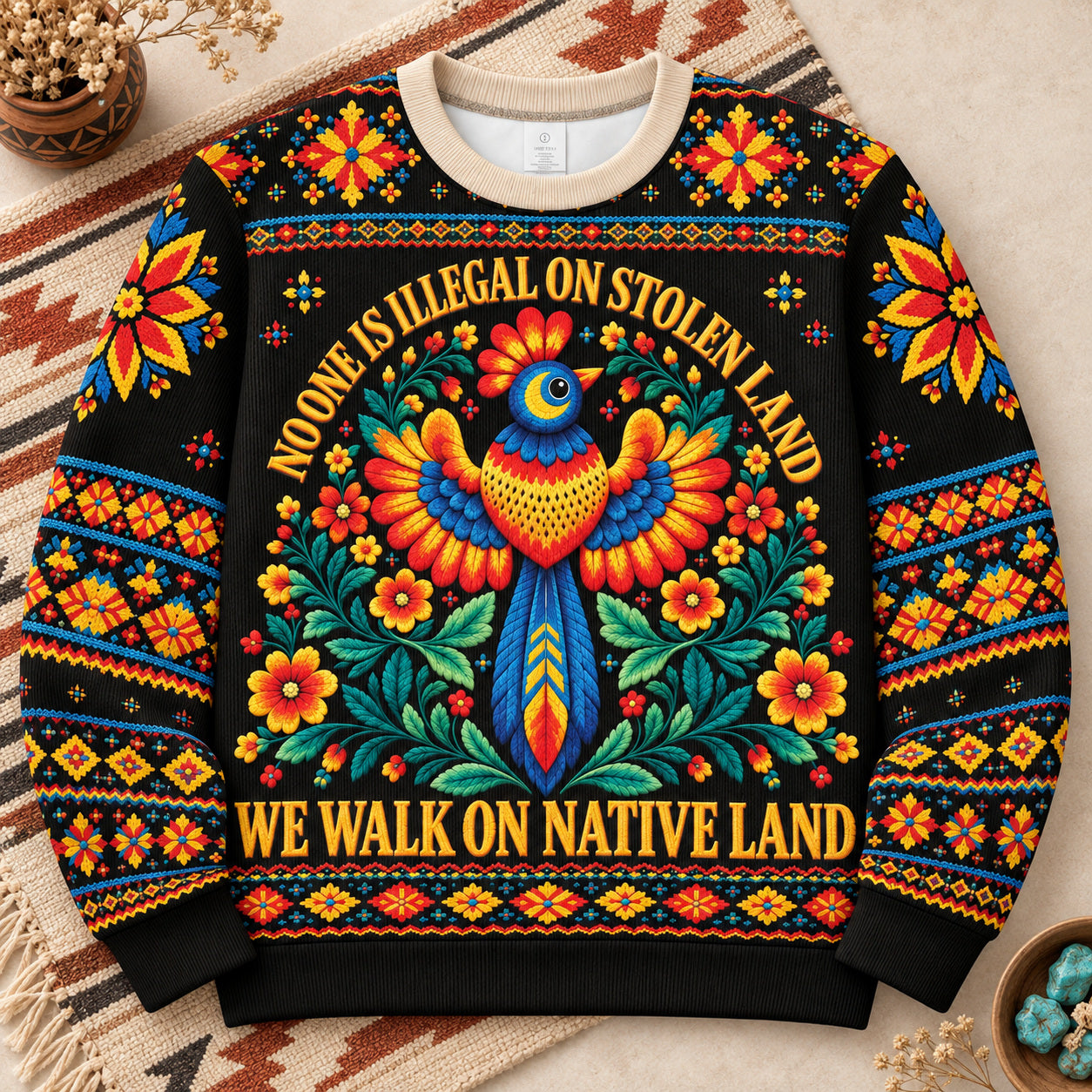 No One Is Illegal On Stolen Land Ugly Sweatshirt Style 2 - Native American Ugly Sweatshirt Unisex