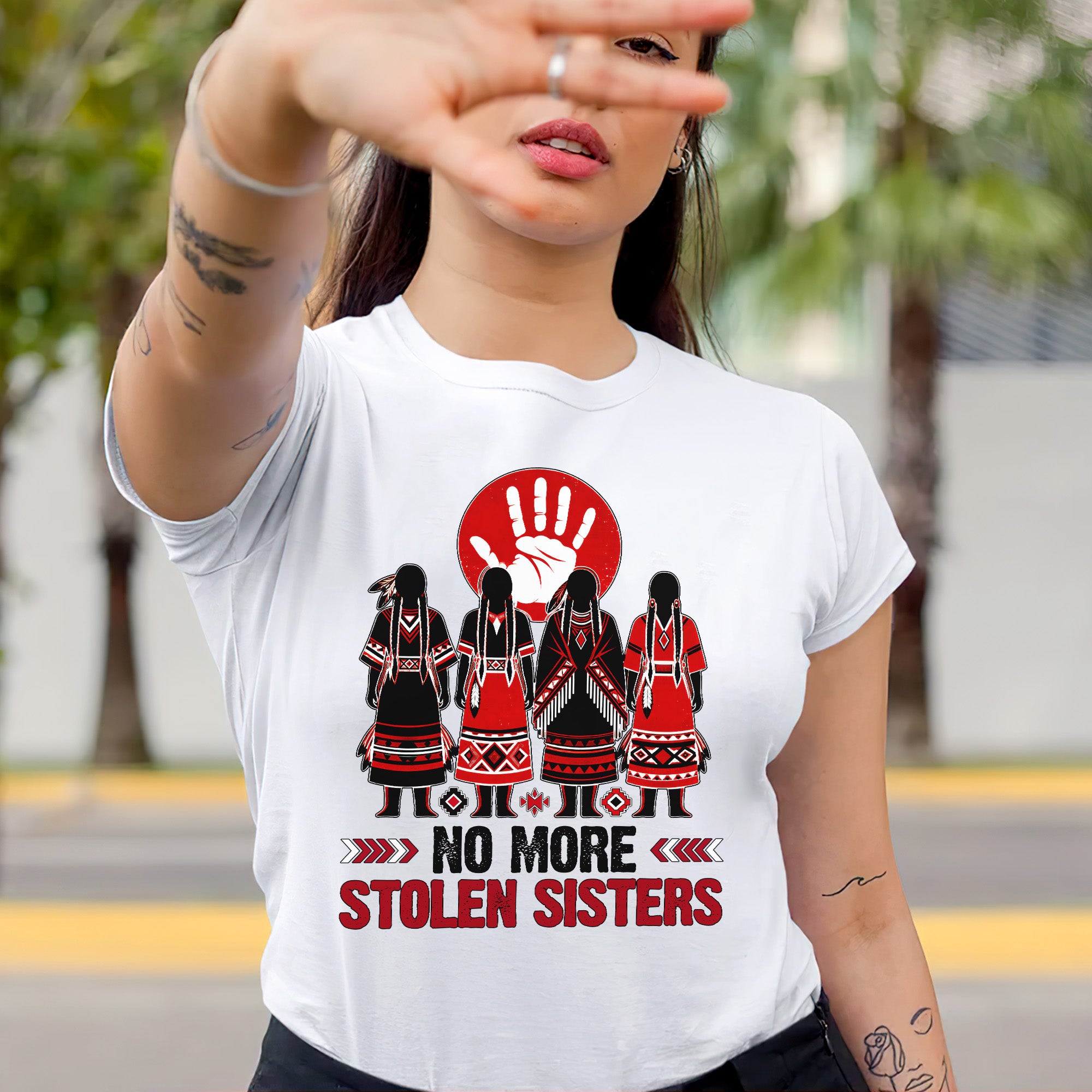 No More Stolen Sisters - Native American Red Hand & Silhouette Design Unisex T-shirt/T-shirt V-Neck/Hoodie/Sweatshirt