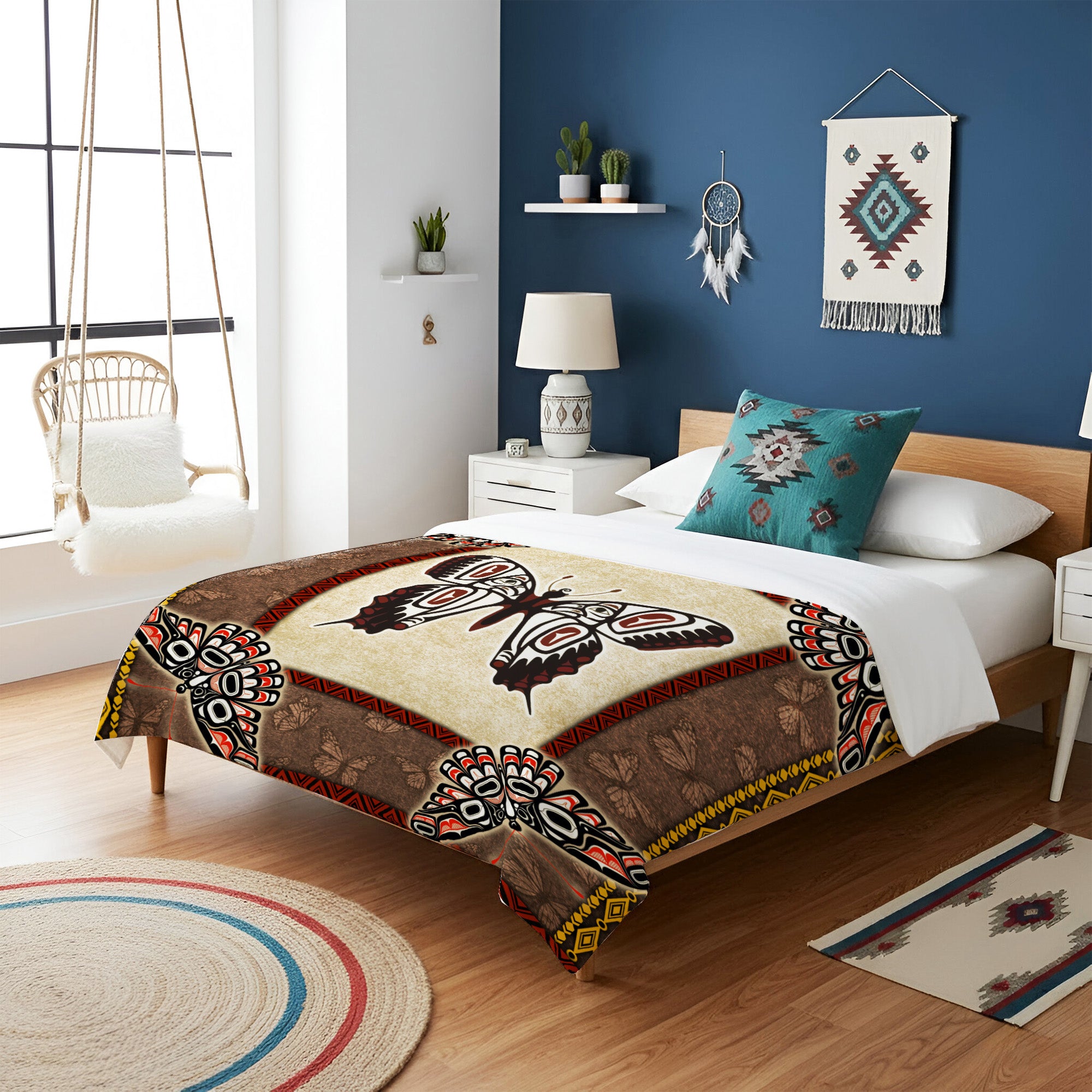 Native American Style Butterfly Symbols Soft and Warm Premium Fleece Blanket