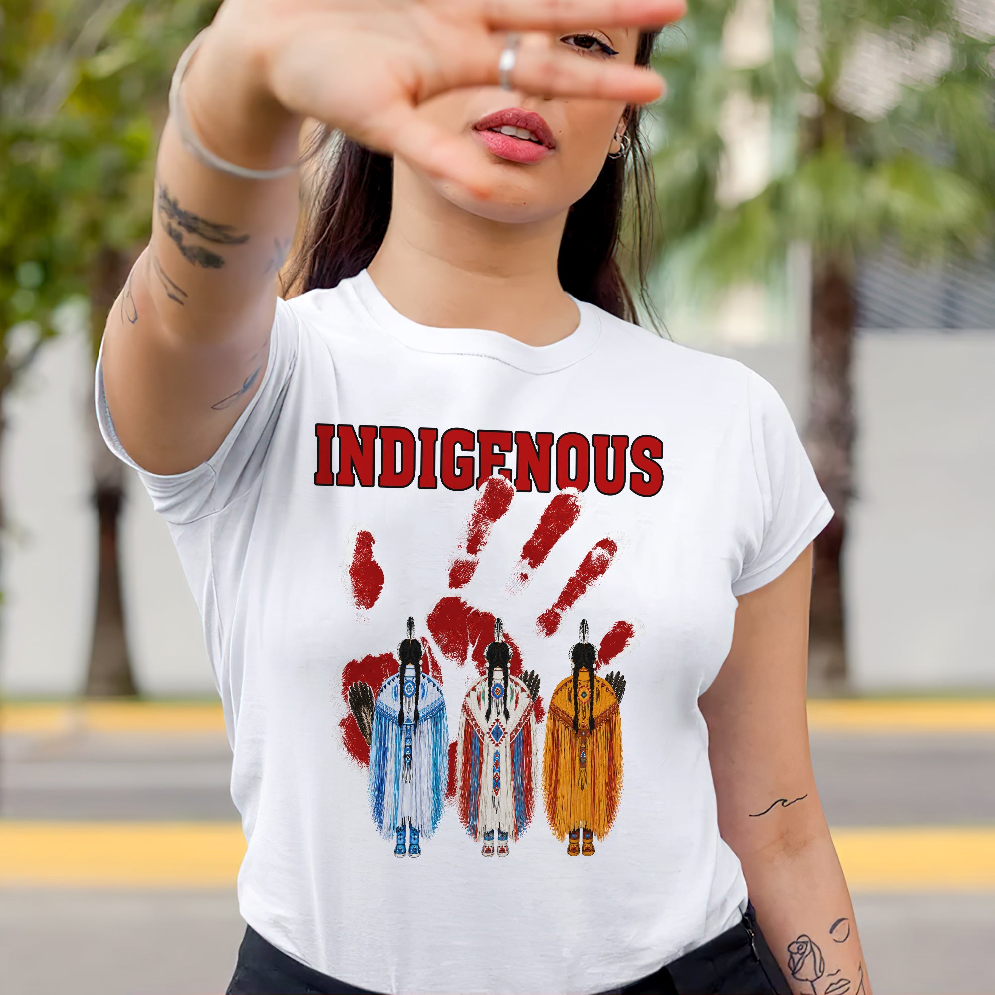 Red Handprint Indigenous Women - MMIW Awareness Three Sisters Unisex T-shirt/T-shirt V-Neck/Hoodie/Sweatshirt