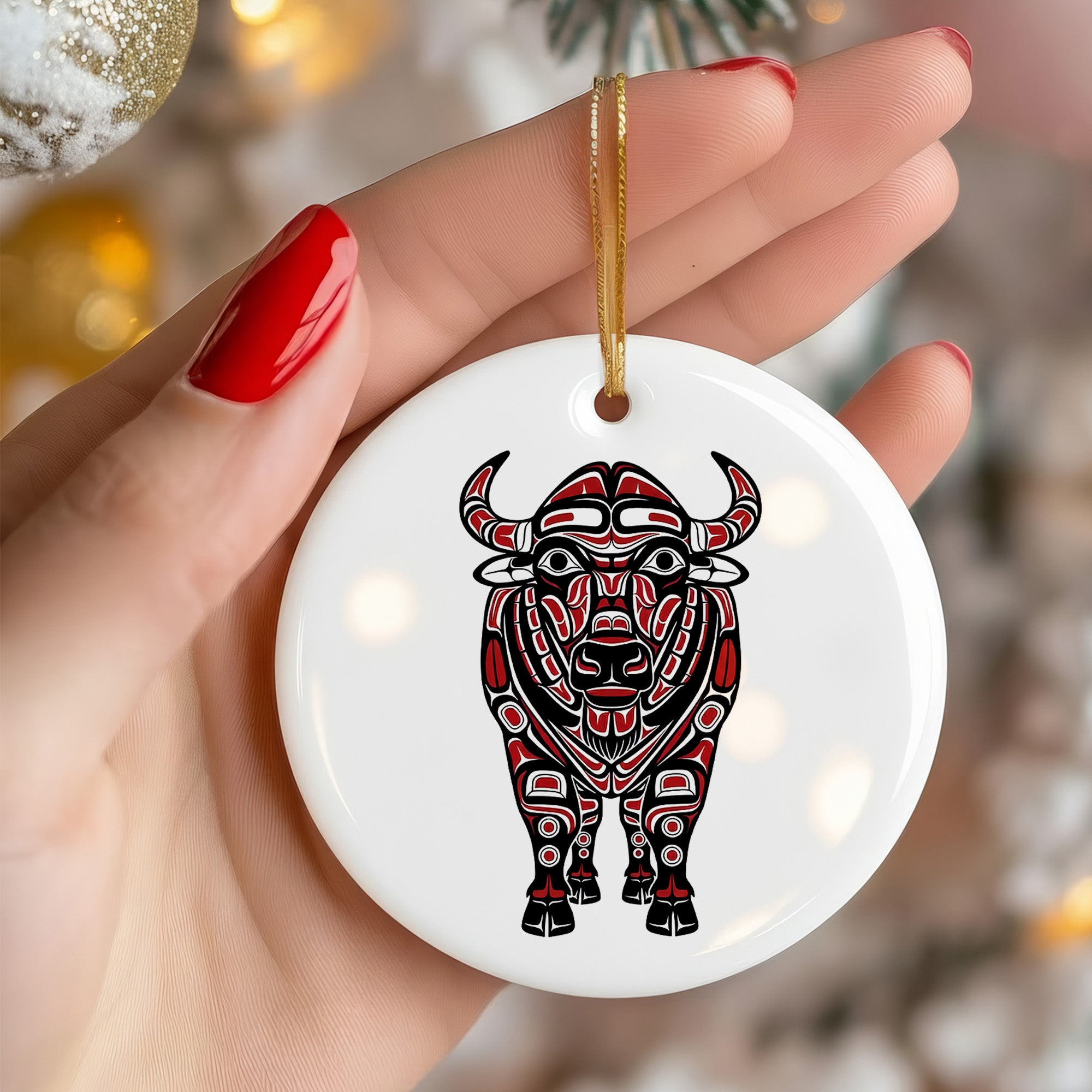 Native Buffalo Spirit Ceramic Ornament – Handcrafted Indigenous Art Decoration