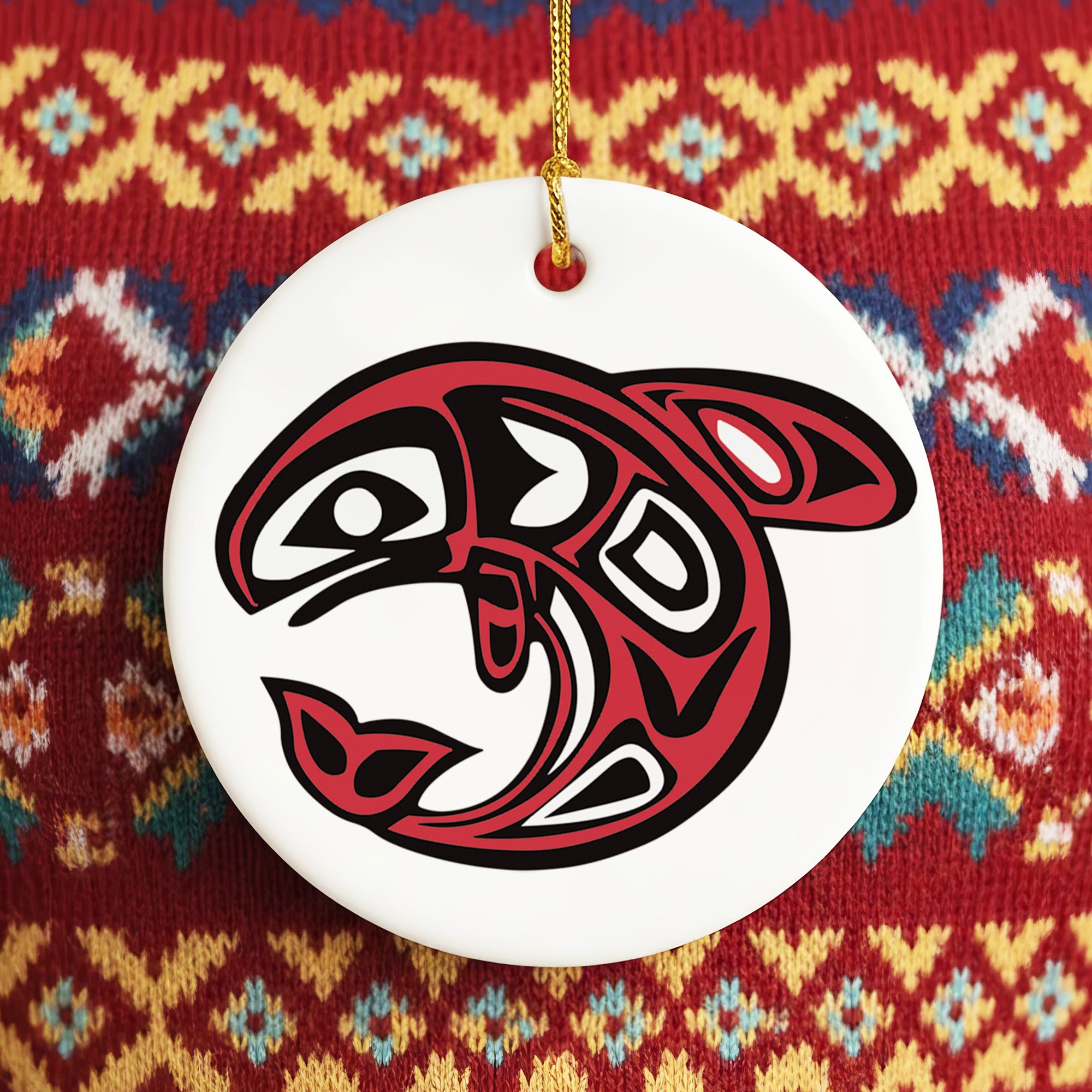 Native Orca Spirit Ceramic Ornament – Handcrafted Indigenous Art Decoration