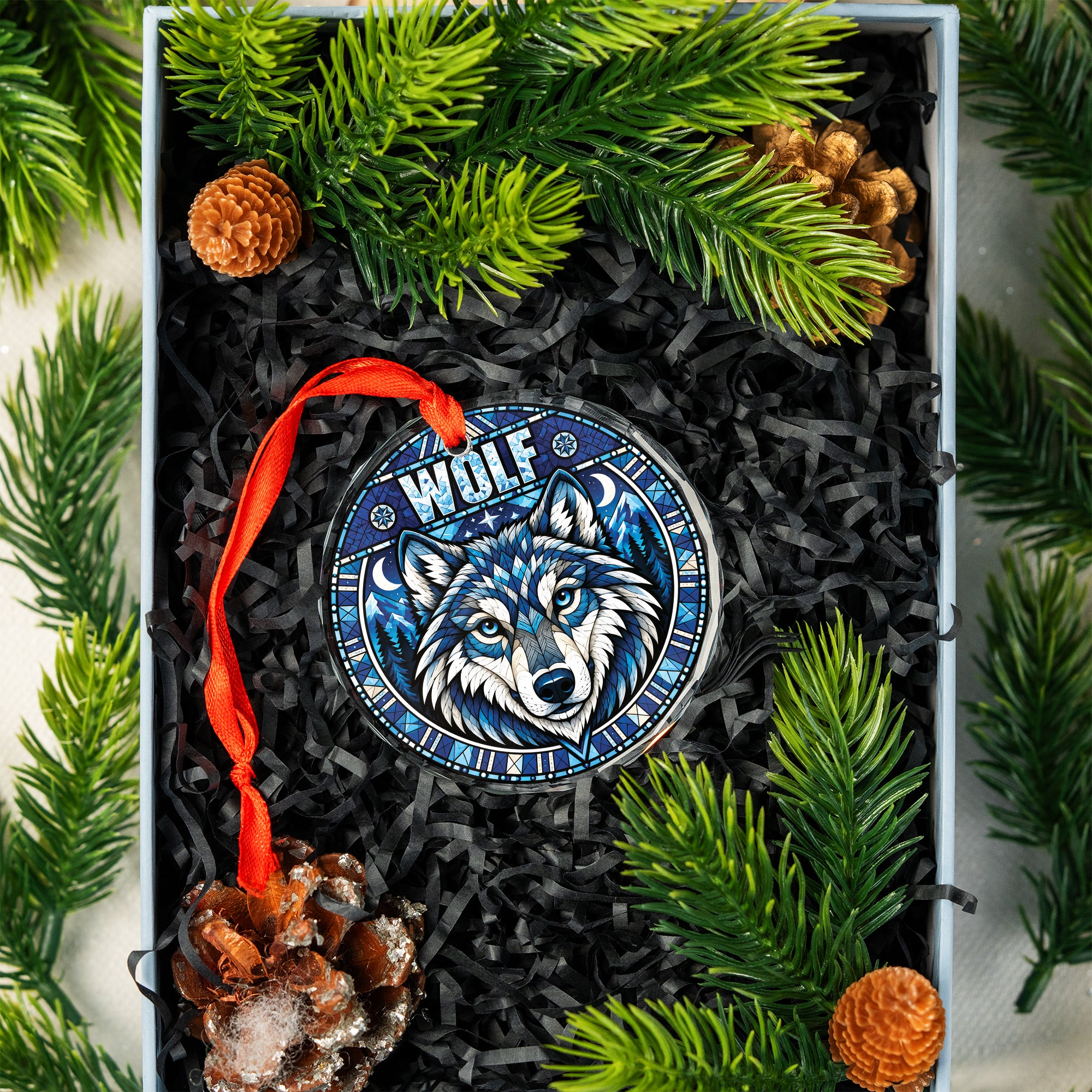 Native Tribal Wolf Spirit Glass Ornament – Indigenous Art Decor
