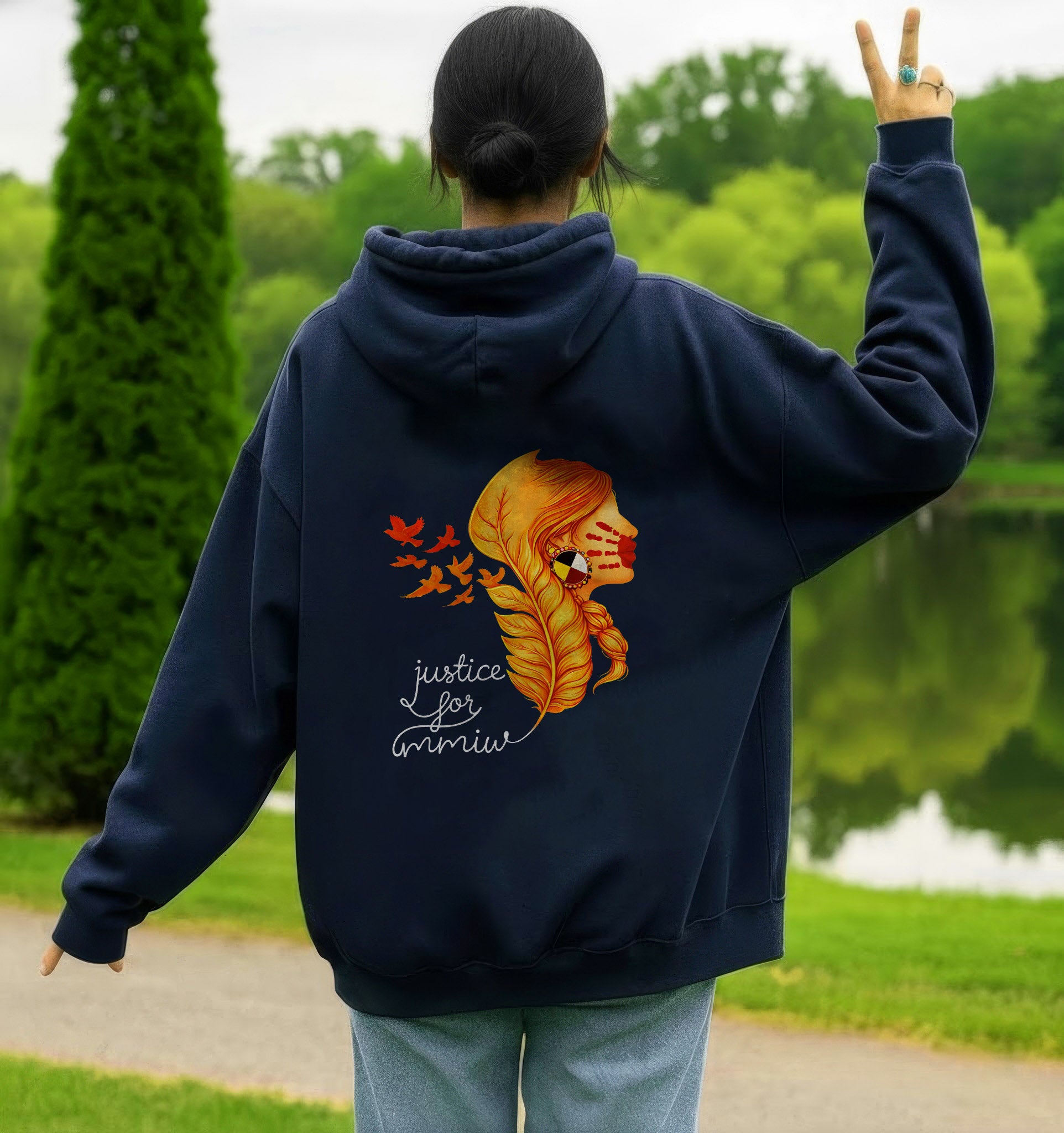 [Two Sides] Justice for MMIW Hoodie - Indigenous Woman with Feather Design Unisex Tank Top/Long Sleeve/Hoodie Zip