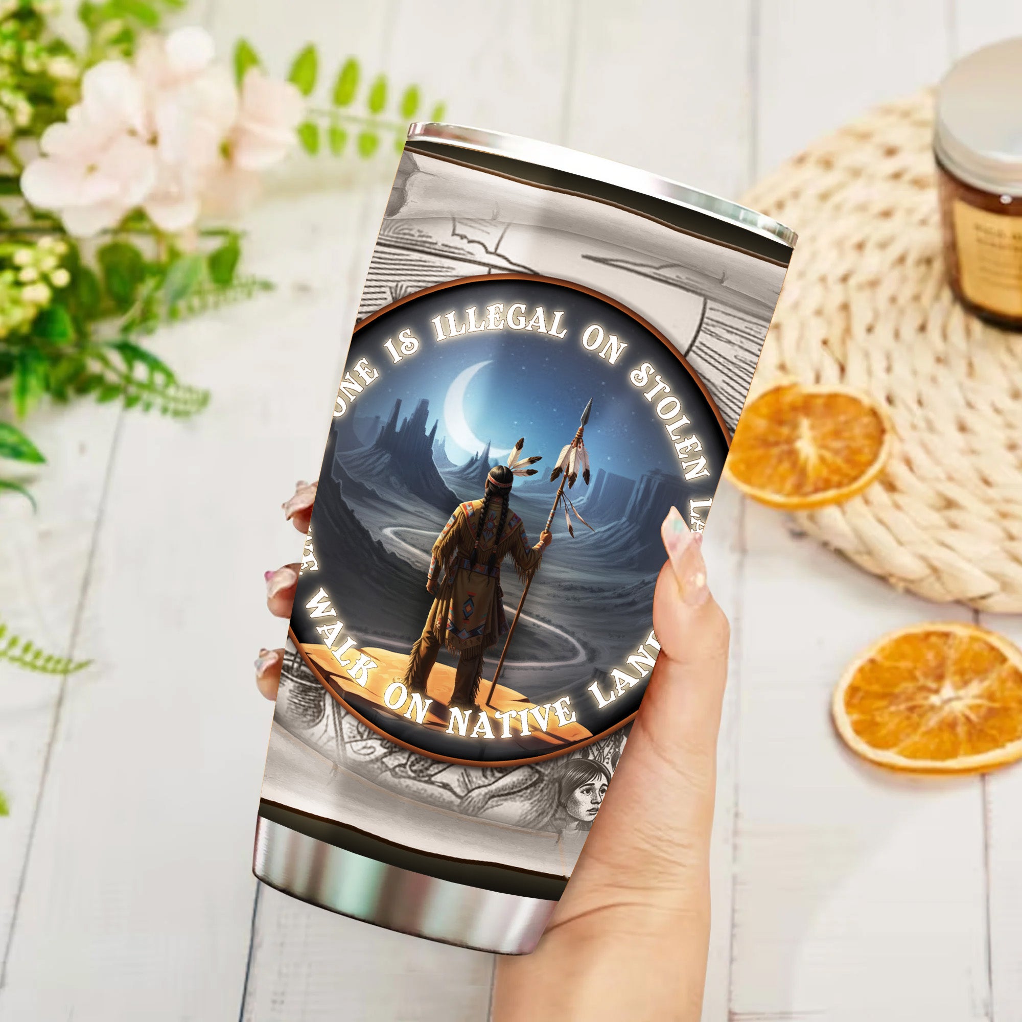 No One Is Illegal On Stolen Land Native American Travel Tumbler Stainless Steel Drinking Cup