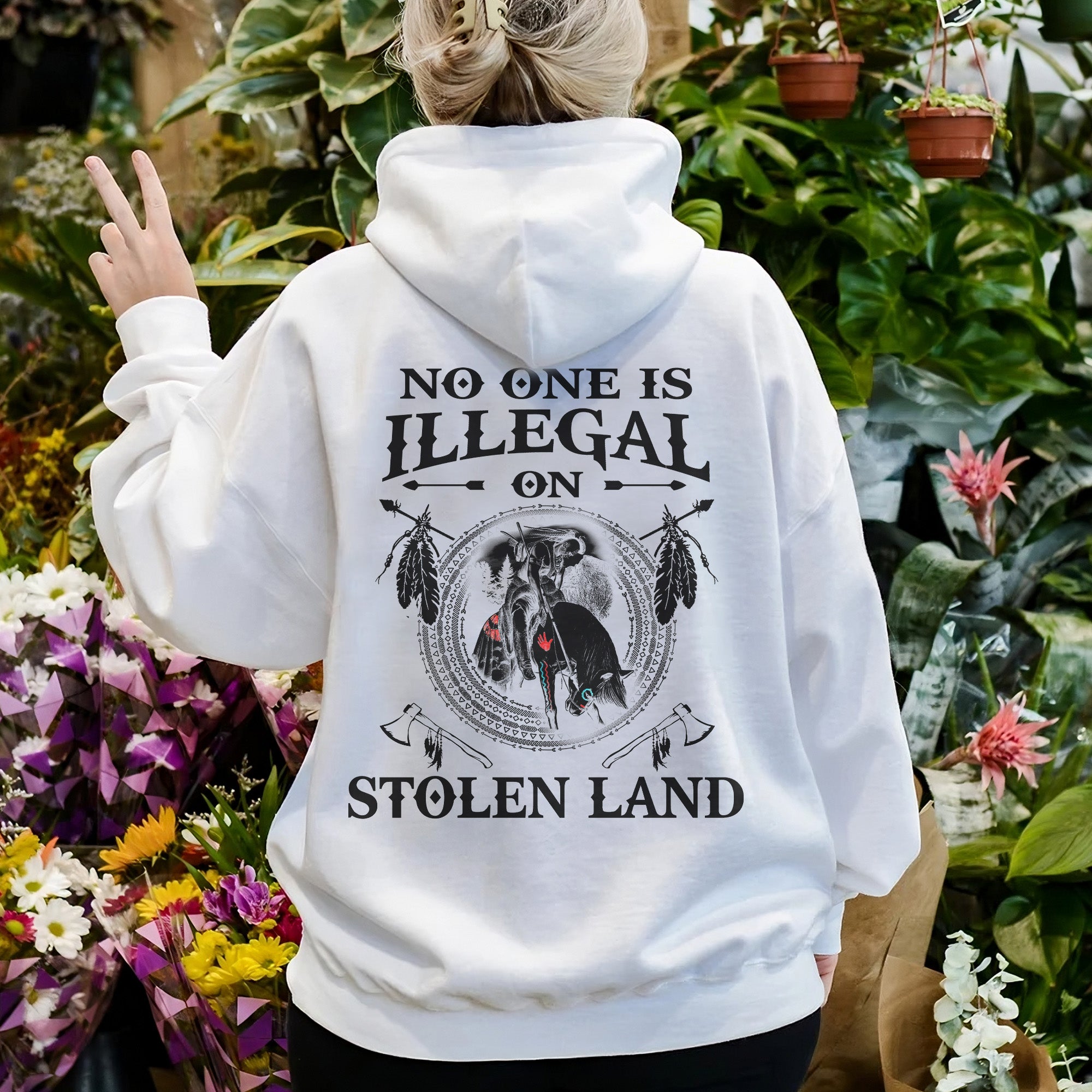No One Is Illegal On Stolen Land. We Walk On Native Land Style 5 - One Side Unisex Back T-shirt/Hoodie/Sweatshirt