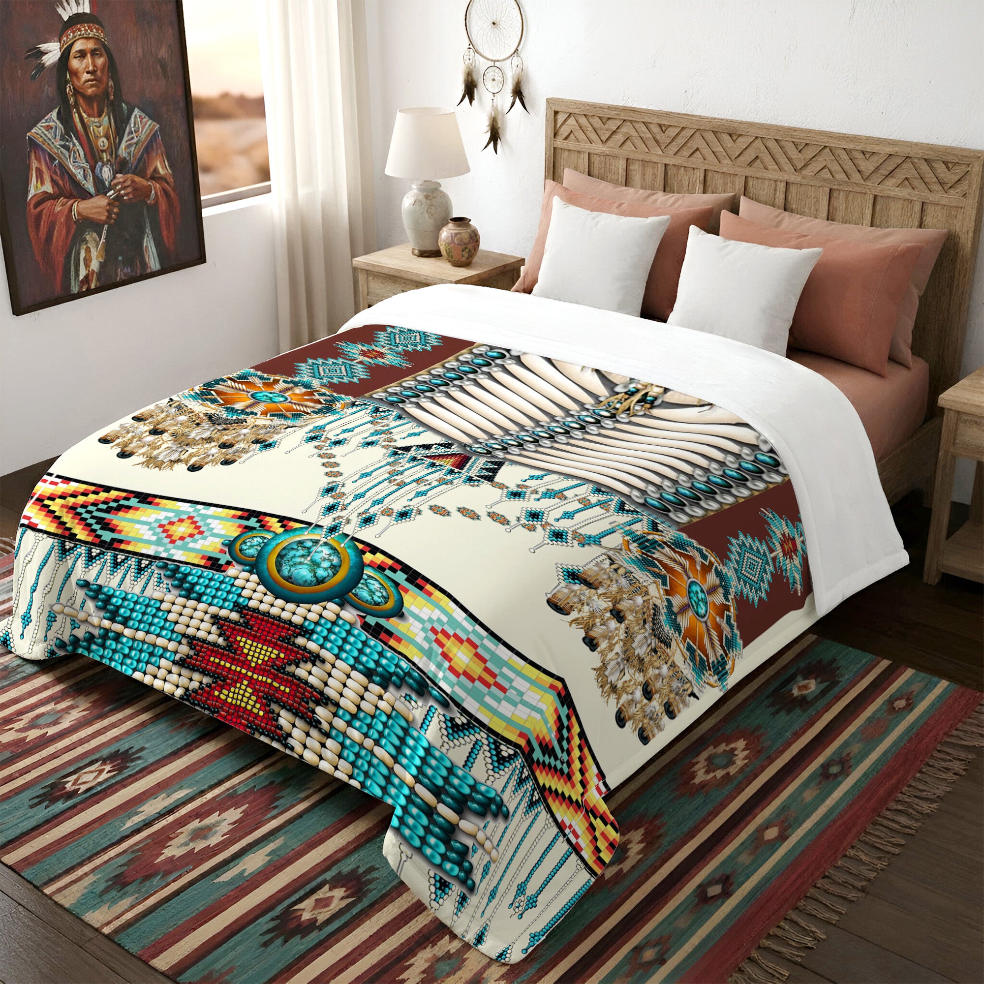 Turiquoise Native Indian Pattern Feather Soft and Warm Premium Fleece Blanket