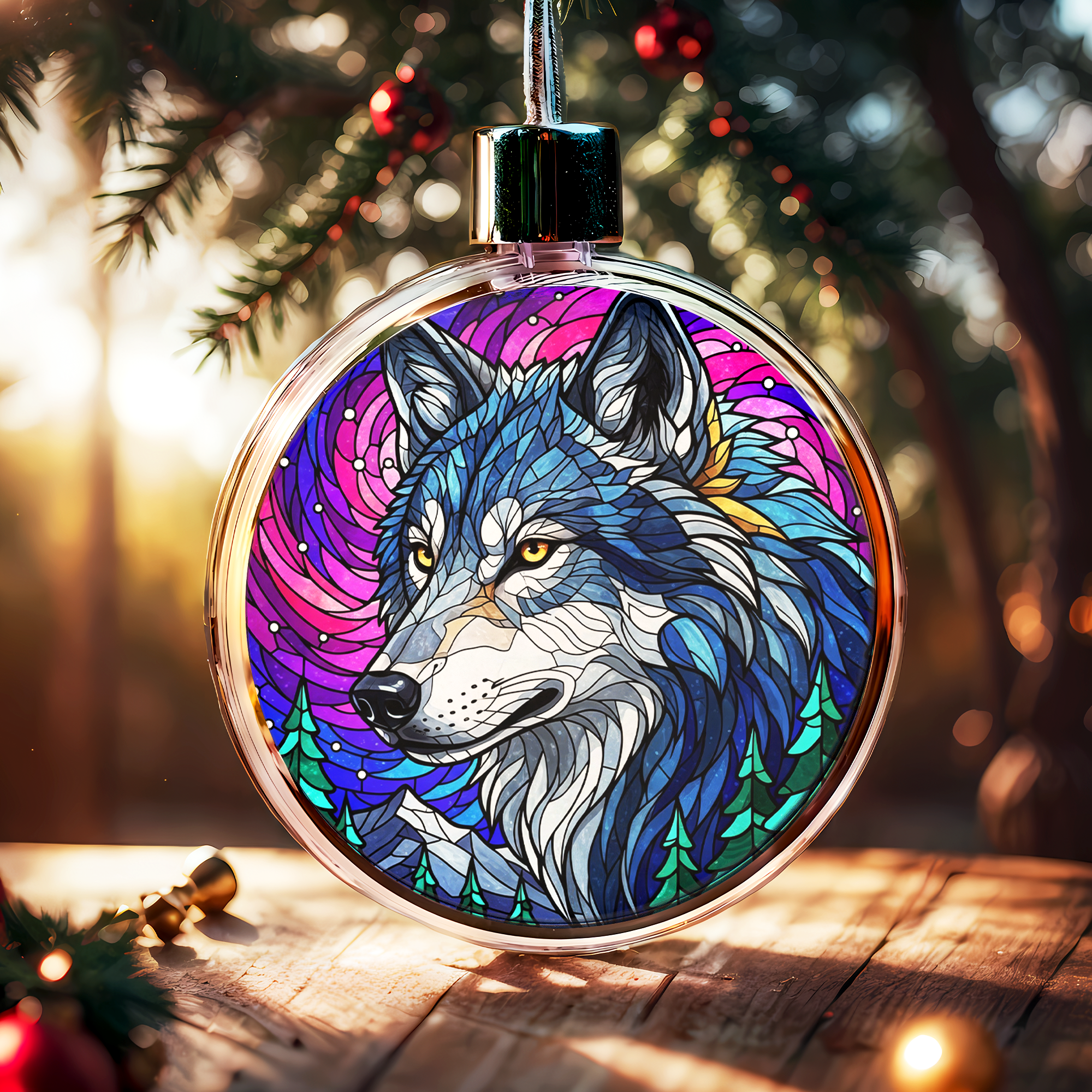Stained Glass Wolf Clear Plastic and Aluminium Ornament Unique Christmas Gift Decor