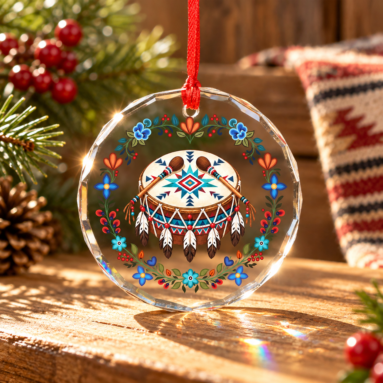 Native Floral Tribal Powwow Drum Glass Ornament – Indigenous Art Decor