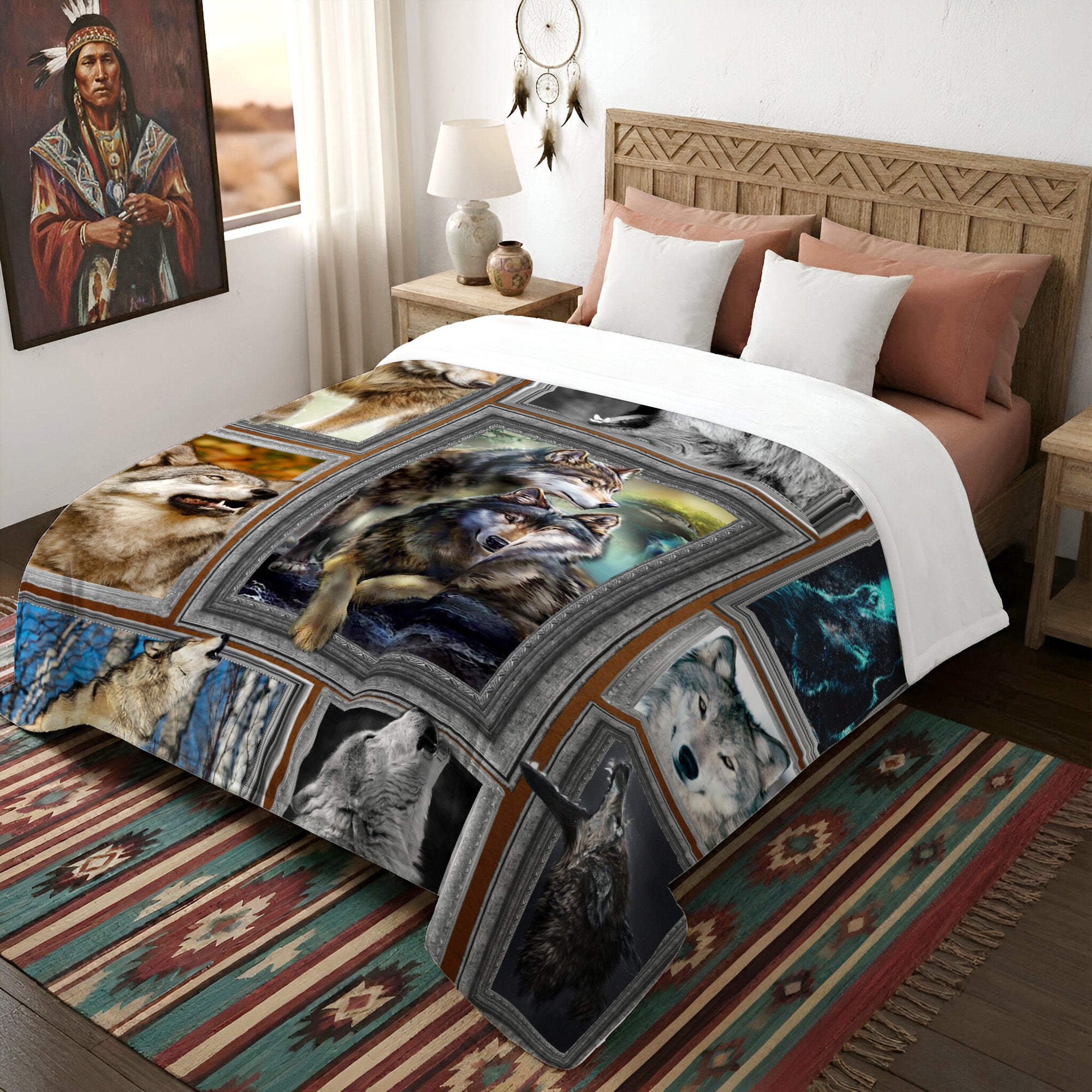 Native Wolf Flock Soft And Warm Fleece Blanket Native Premium American Style