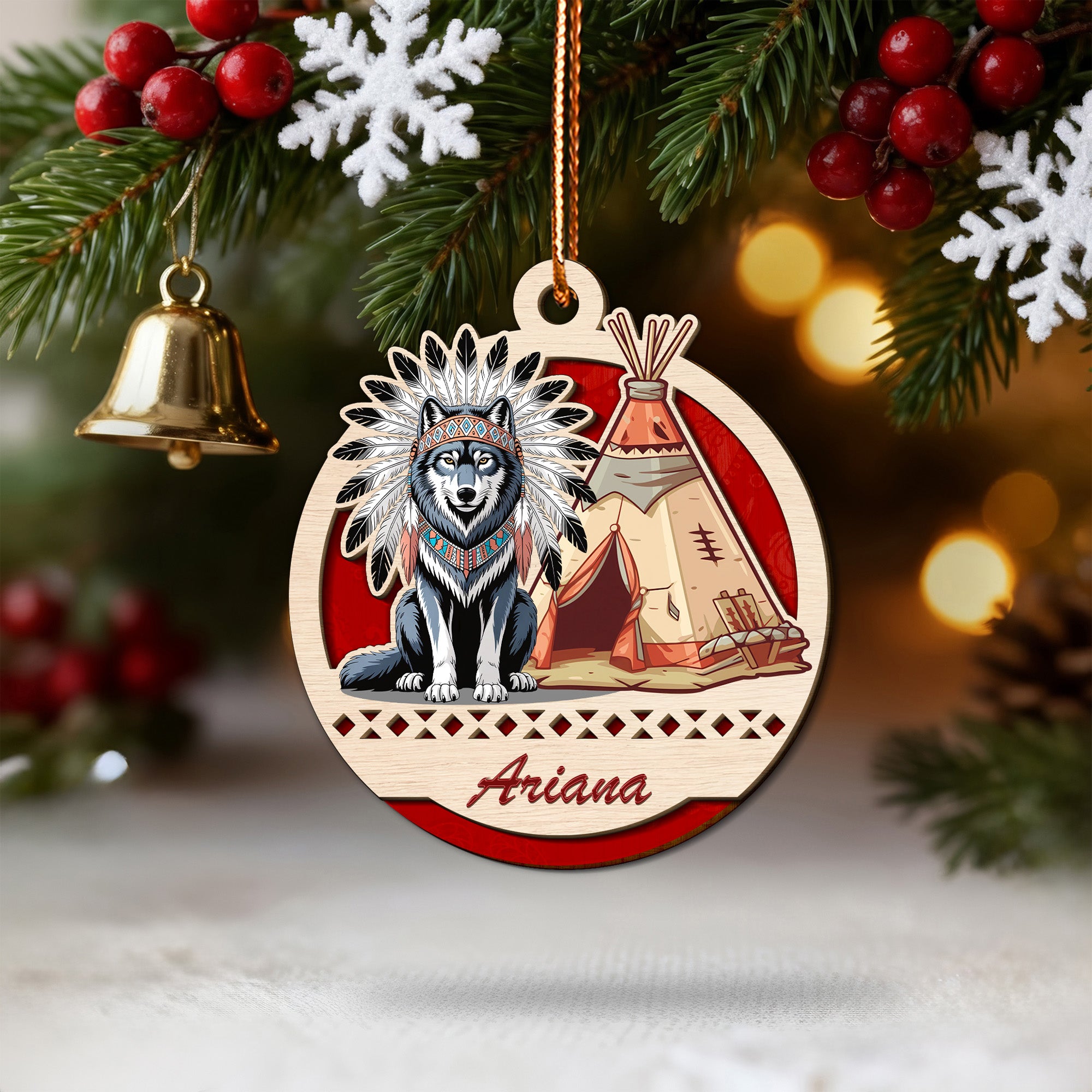 Wolf and Teepee Family Ornament Unique Christmas Gift Decor Two Layered Wood (Custom Name)