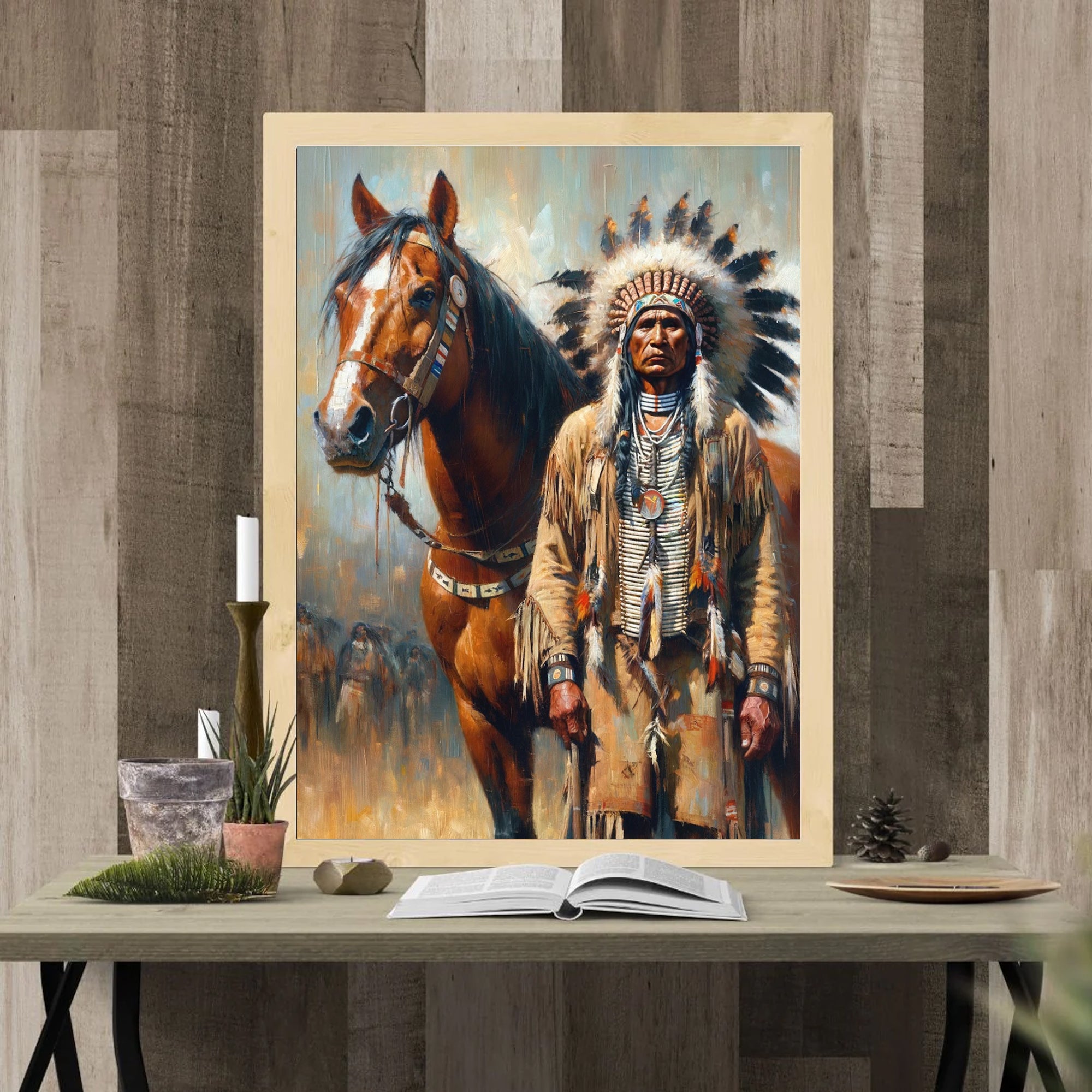 Custom Native American Chief And The Horse Standing Portrait Photo Canvas Art Gift Home Decor