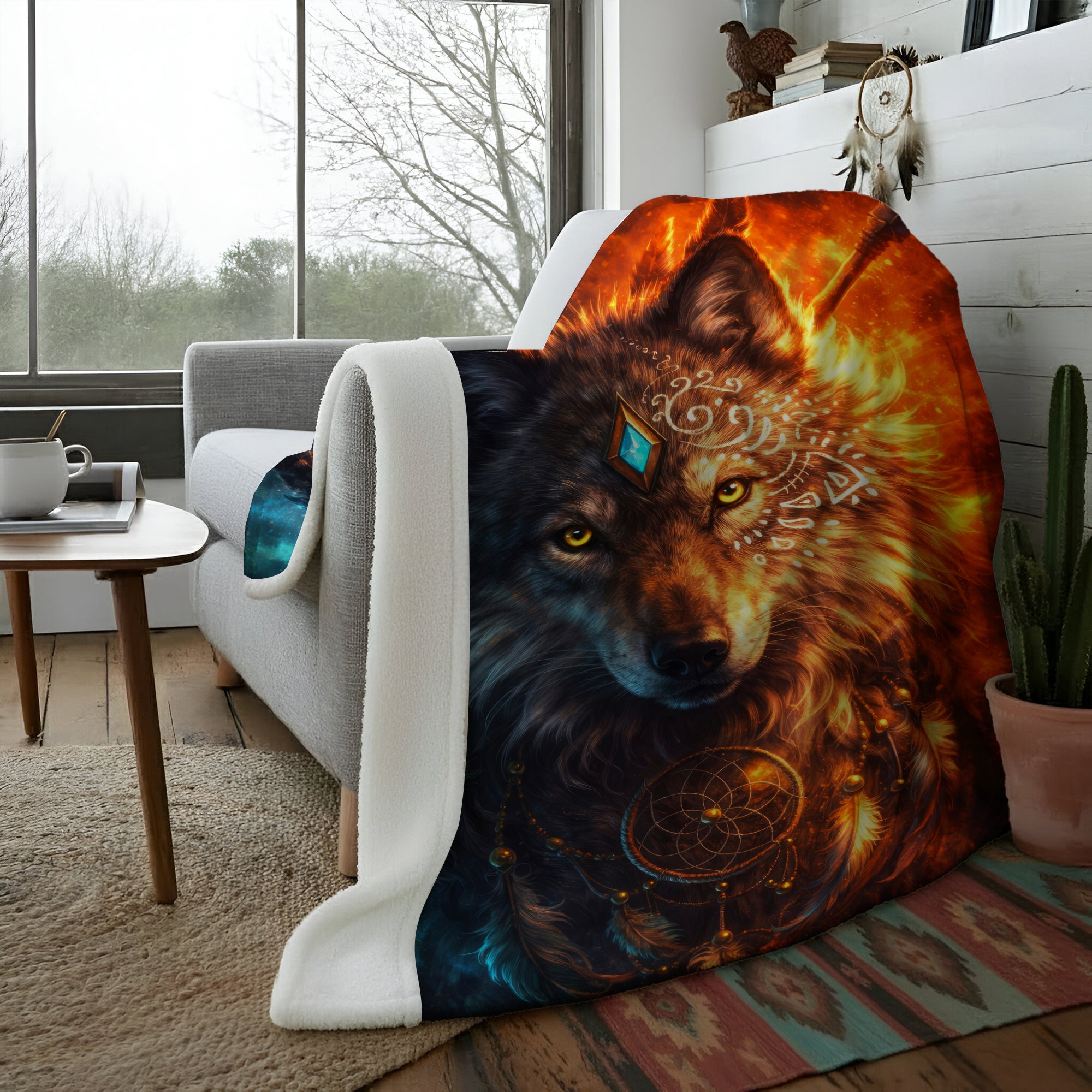 Wolf Totem Fire & Ice Dreamcatcher Native Spirit Wolf Sacred Art Fleece Blanket
