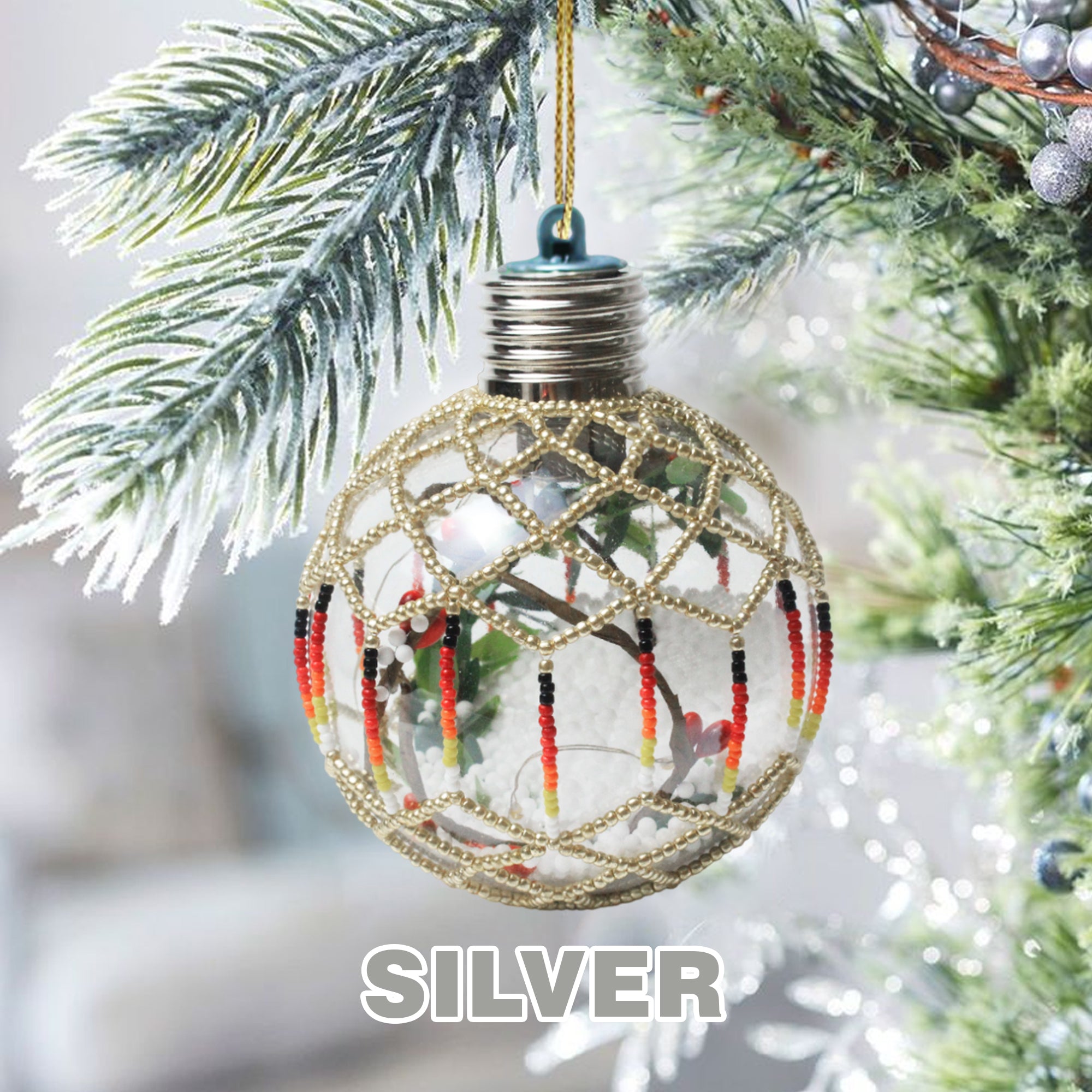 SALE 50% OFF - Silver Sparkly Handmade Beaded Ornament with Luminous Lights Premium