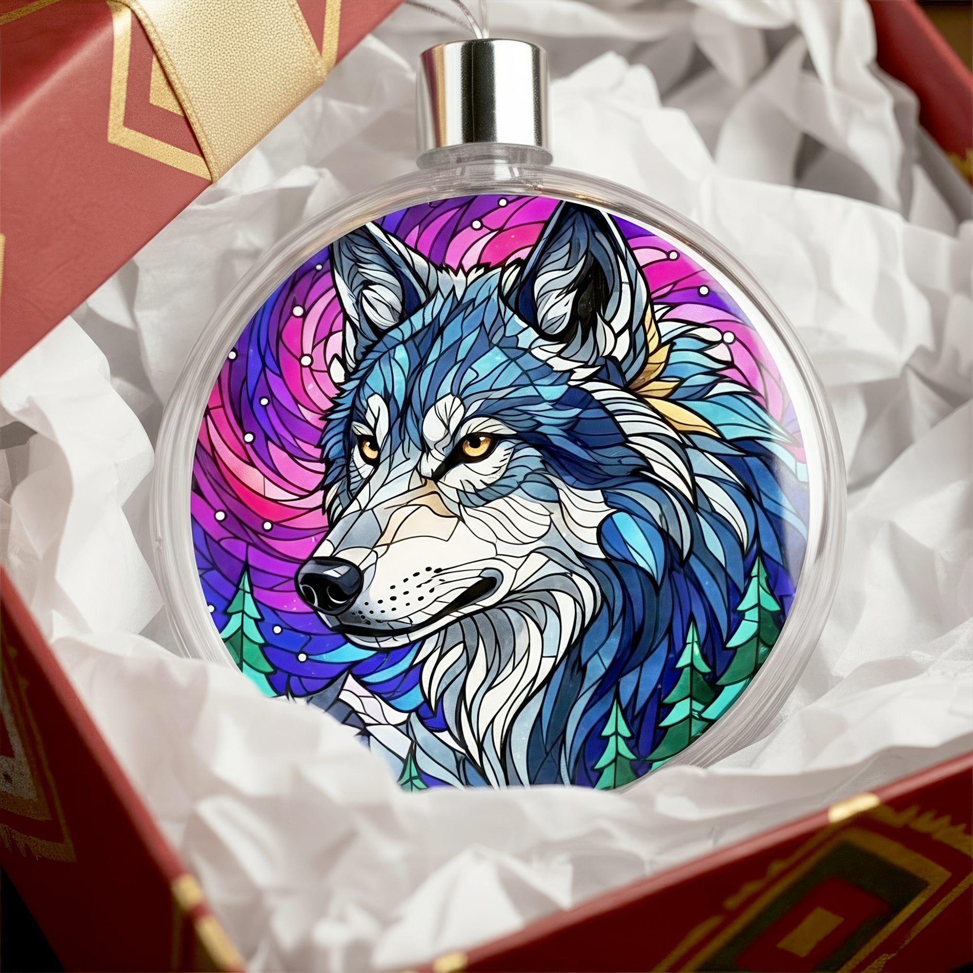 Stained Glass Wolf Clear Plastic and Aluminium Ornament Unique Christmas Gift Decor