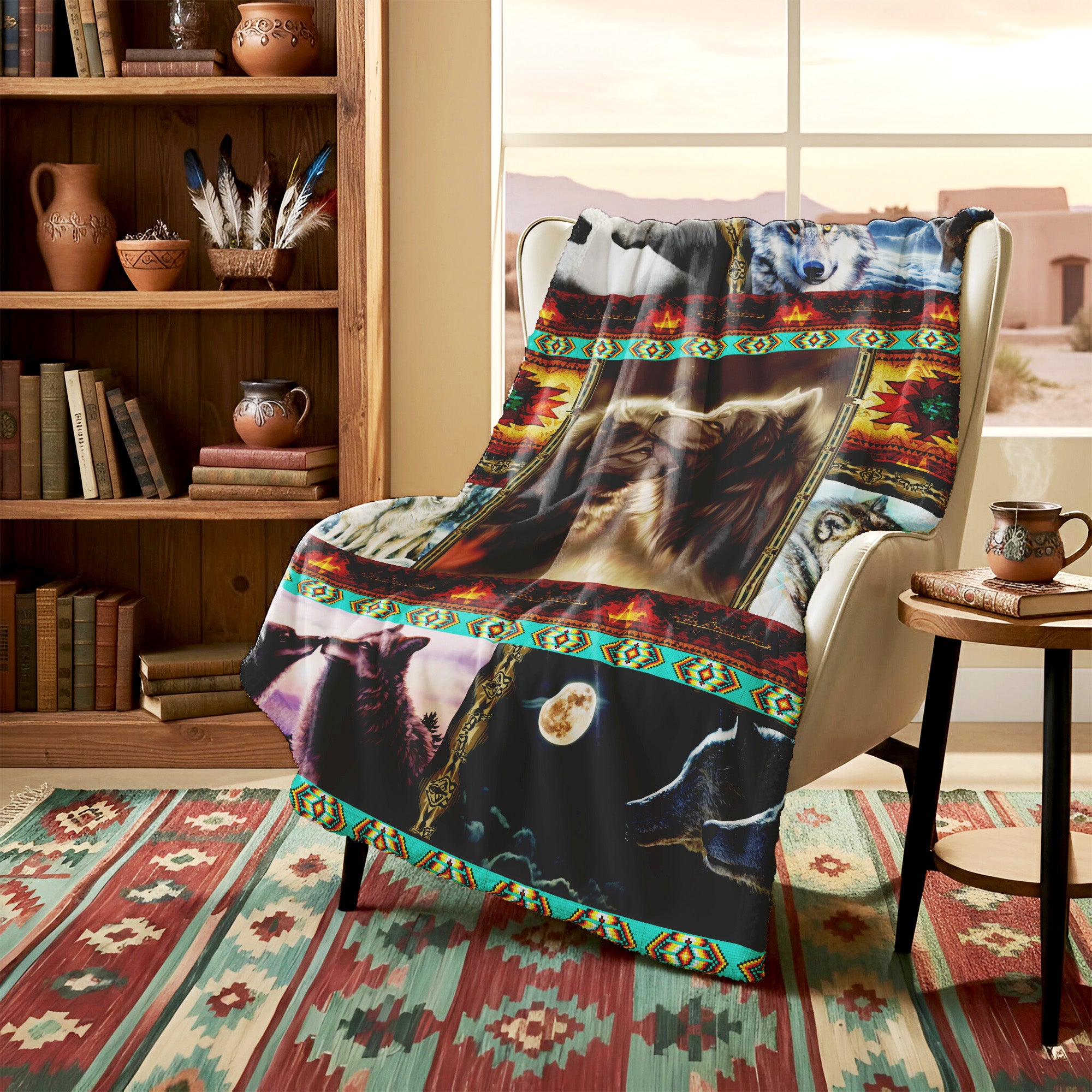 Native American Wolf Flock Fleece Blanket Soft and Warm Premium Fleece Blanket