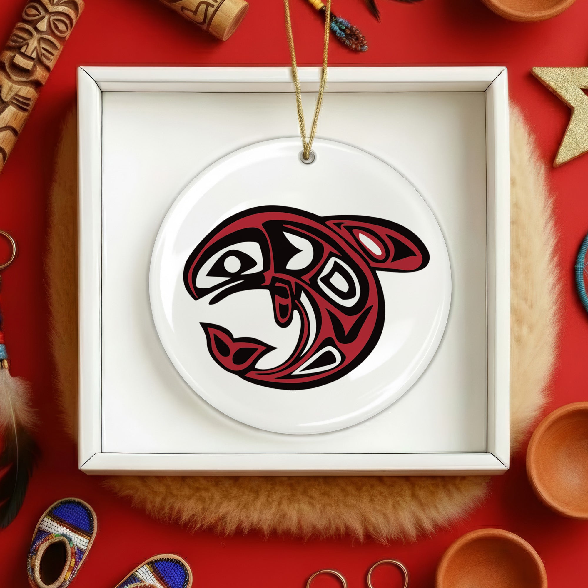 Native Orca Spirit Ceramic Ornament – Handcrafted Indigenous Art Decoration
