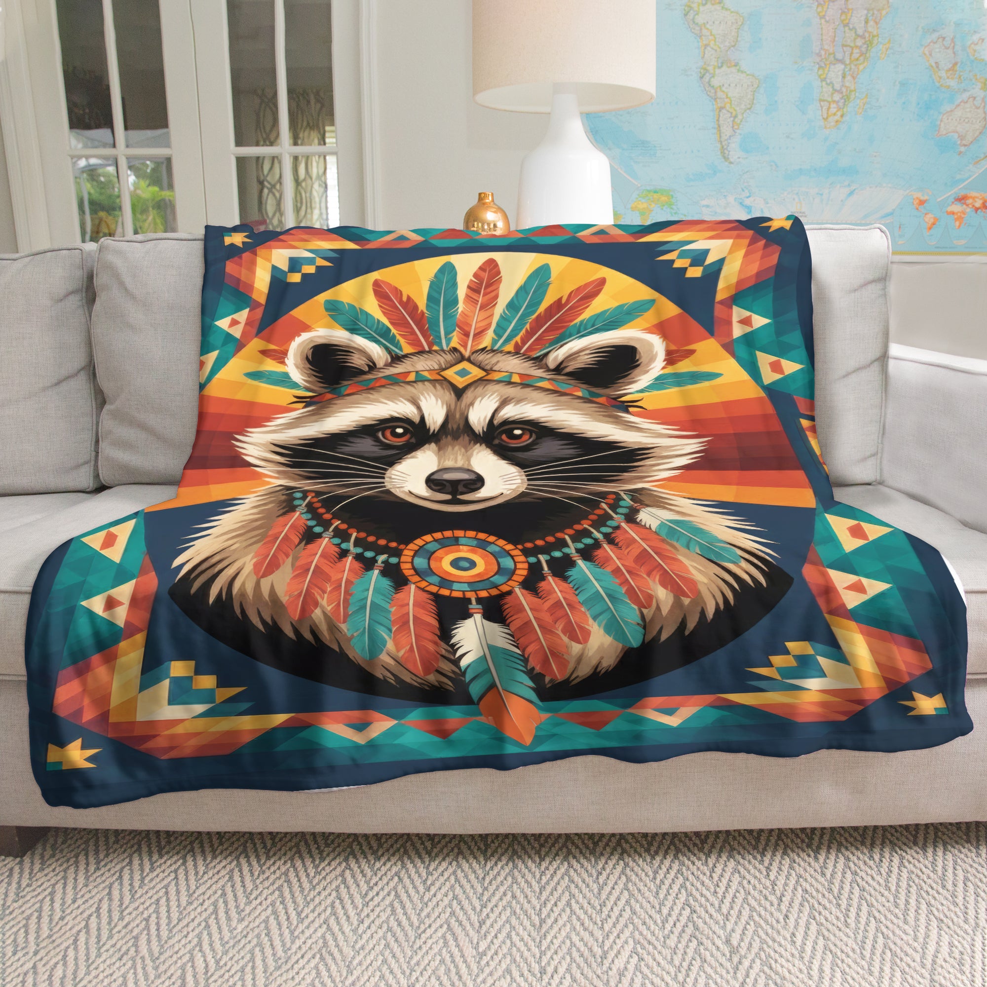 Colorful Feathered Raccoon Native American Cozy Fleece Blanket