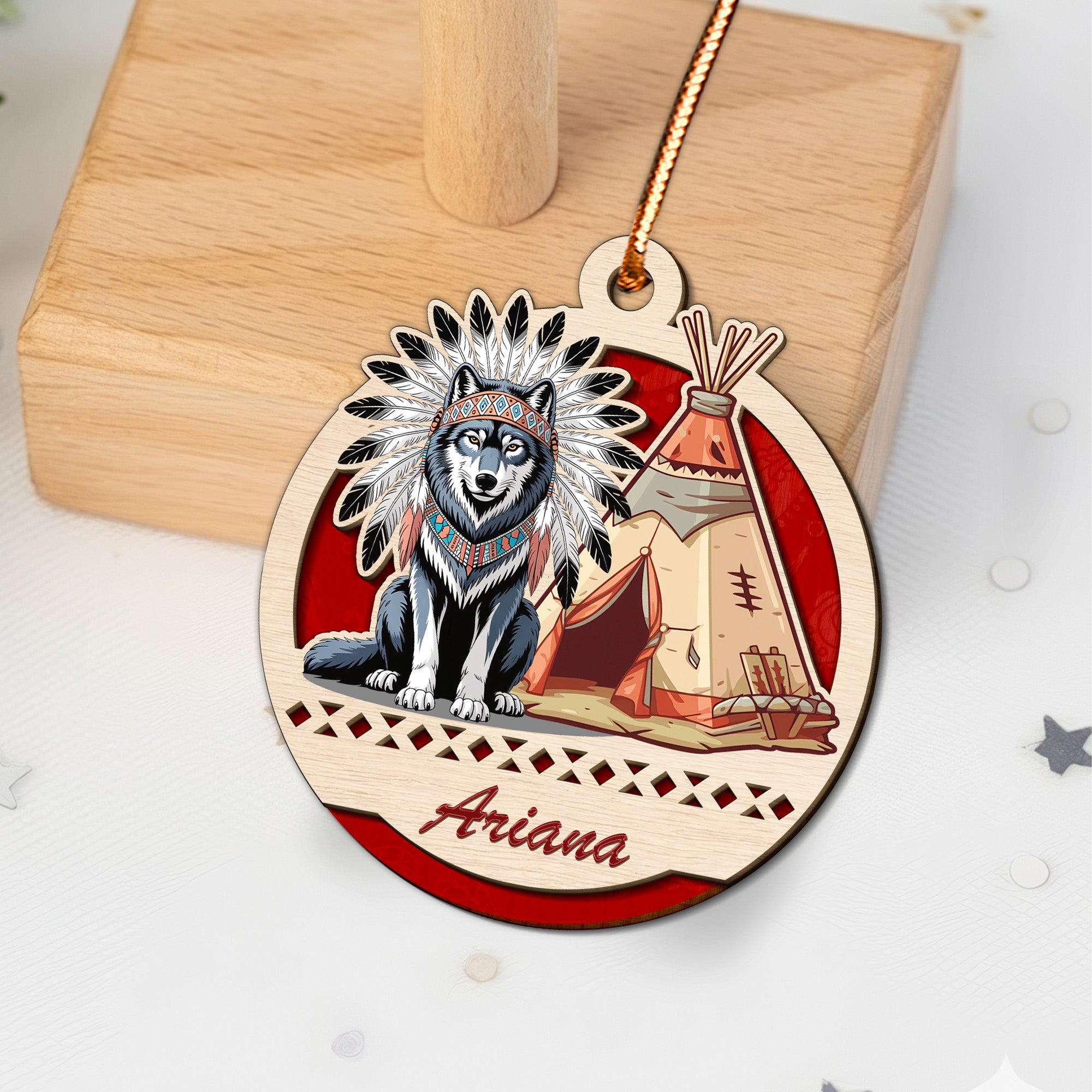 Wolf and Teepee Family Ornament Unique Christmas Gift Decor Two Layered Wood (Custom Name)