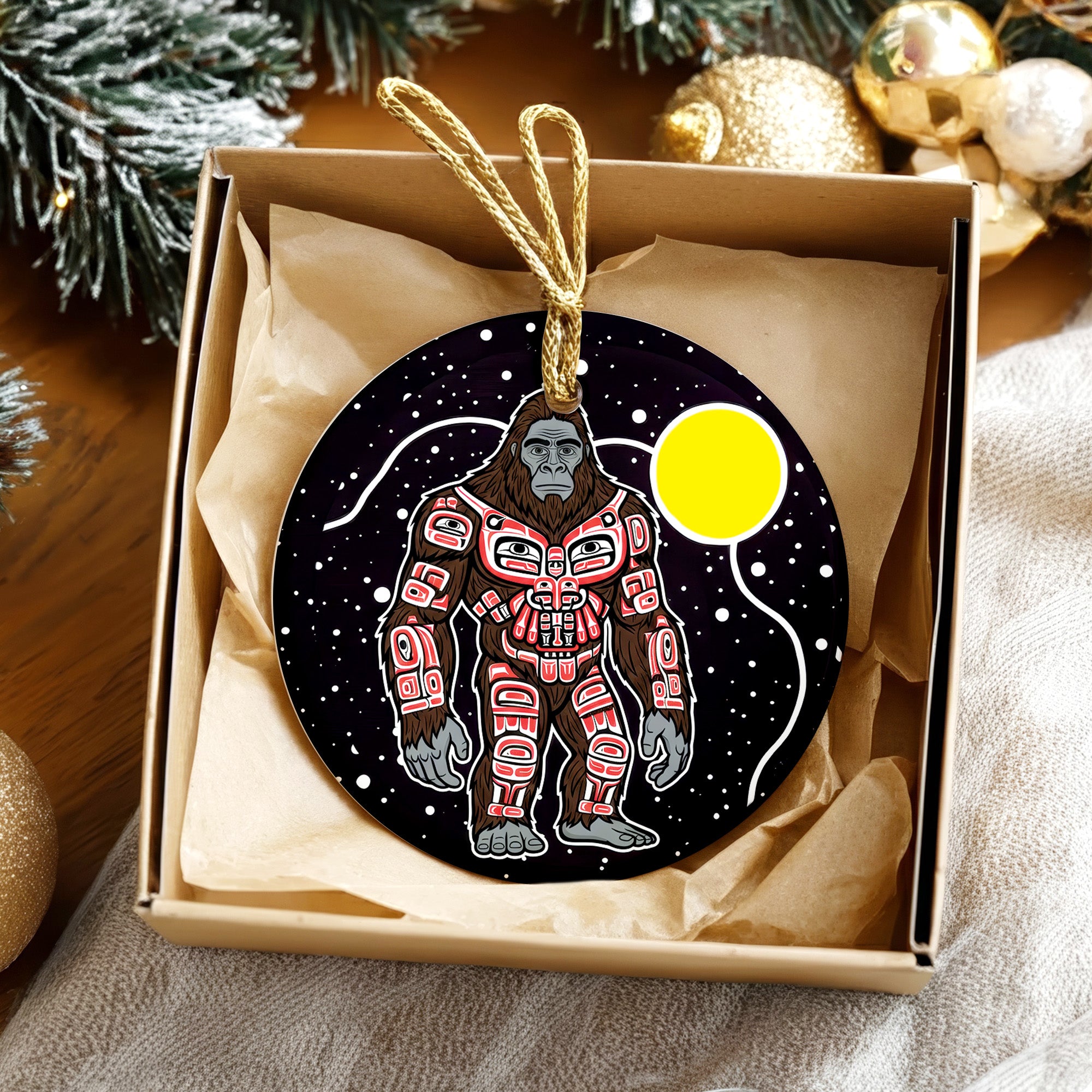 Moonlit Bigfoot Spirit Ceramic Ornament – Indigenous Art Decor