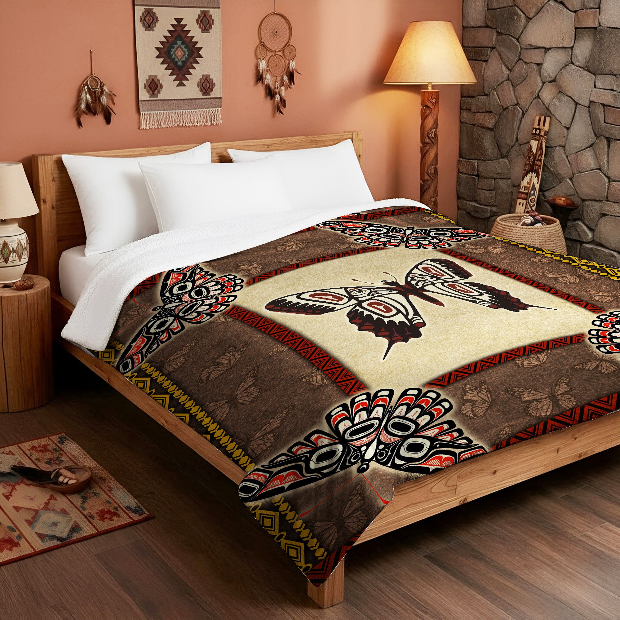 Native American Style Butterfly Symbols Soft and Warm Premium Fleece Blanket