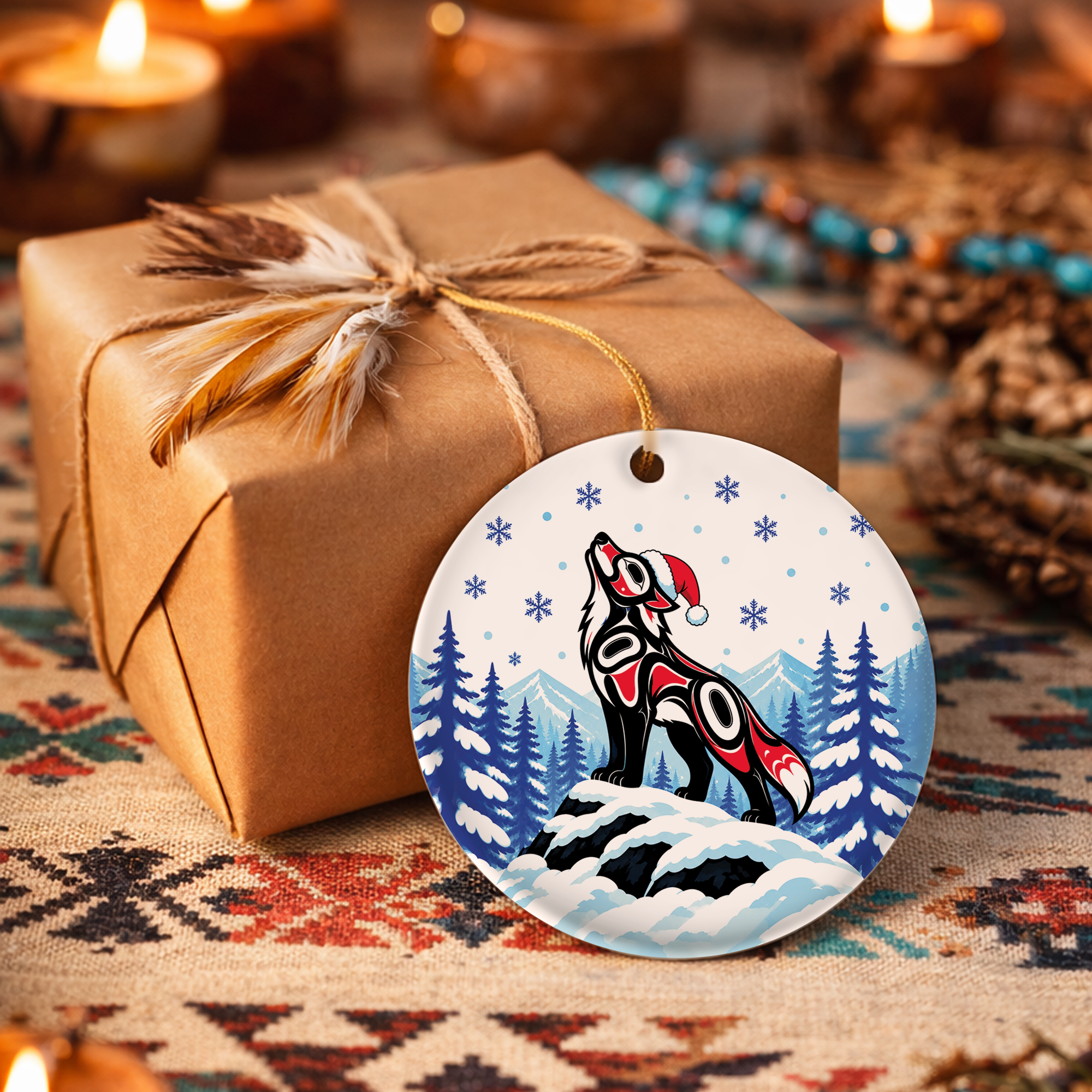 Howling Wolf Christmas Native Tribal Ceramic Ornament - Indigenous Art Decor
