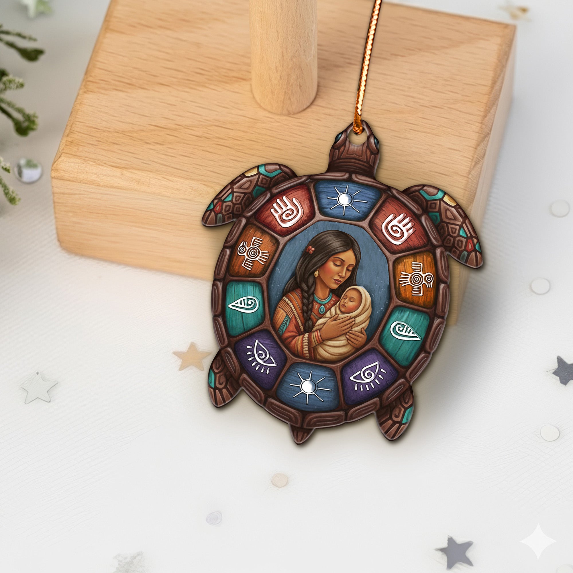 Native Mother and Child Turtle Ornament Unique Christmas Gift Decor Flat Acrylic