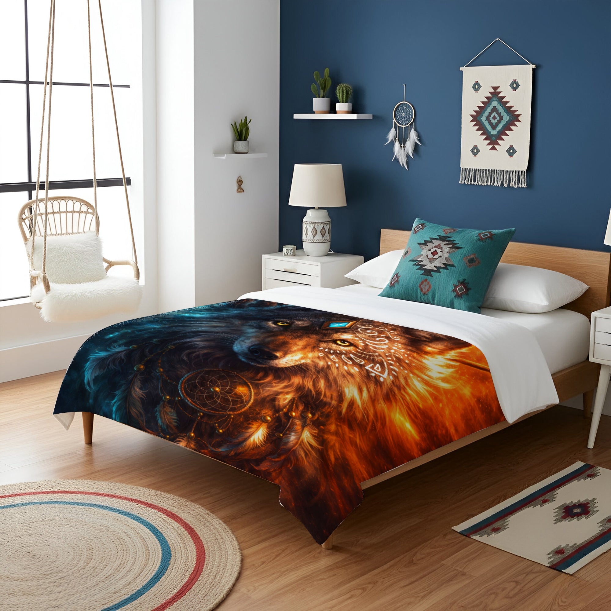 Wolf Totem Fire & Ice Dreamcatcher Native Spirit Wolf Sacred Art Fleece Blanket