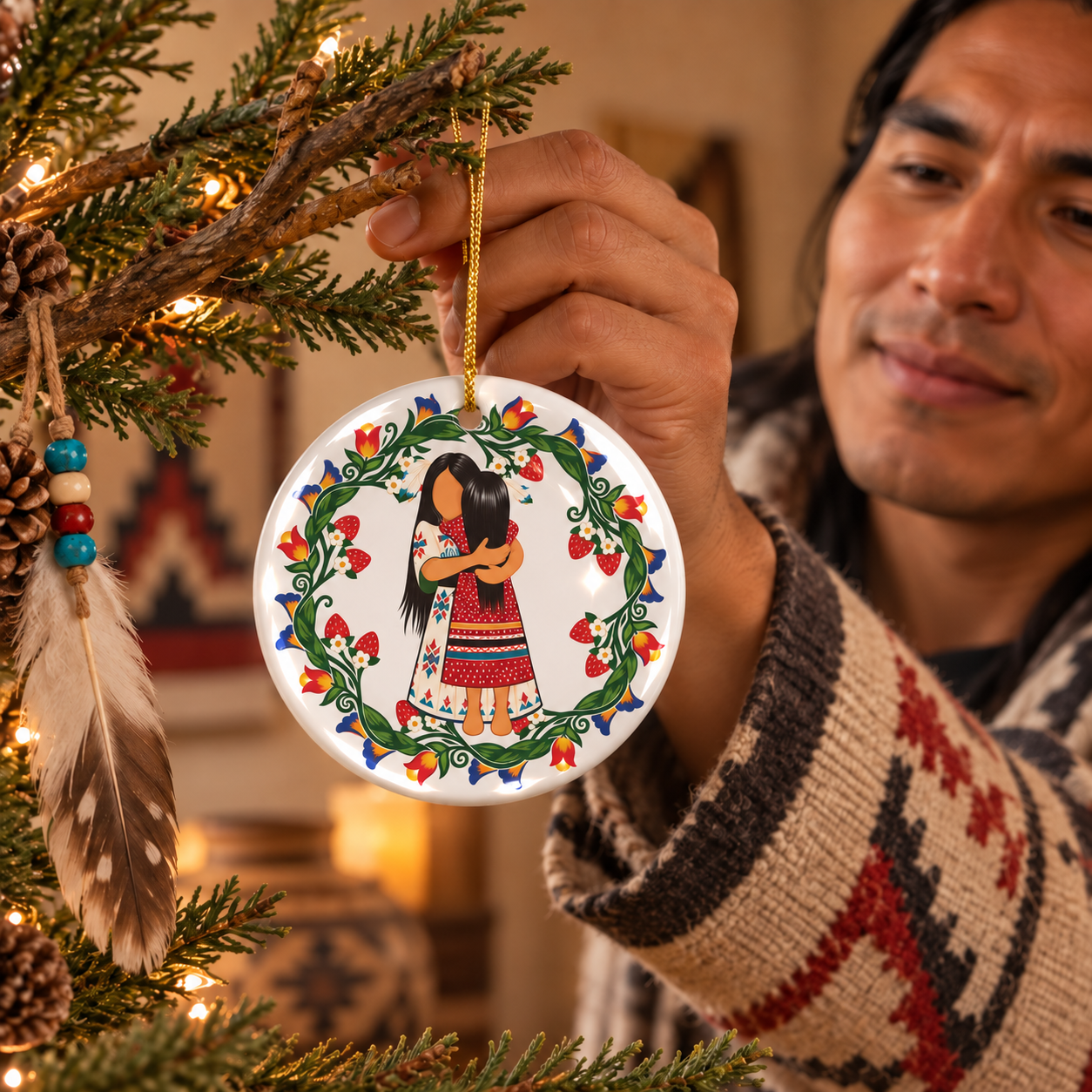 Native Mother Daughter Hug Ceramic Ornament - Indigenous Art Decor