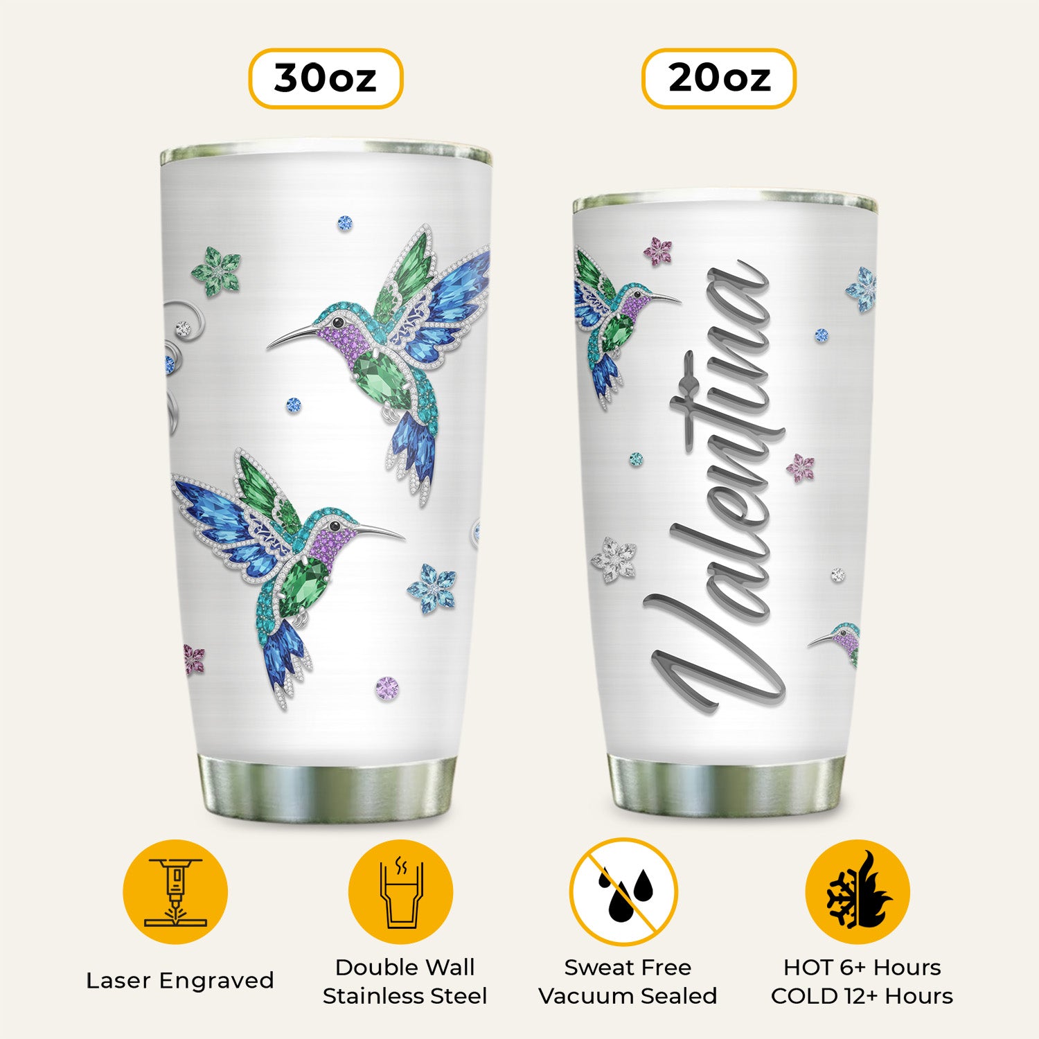 Crystal Hummingbird Tumbler Stainless Steel Drinking Cup (Custom Name)
