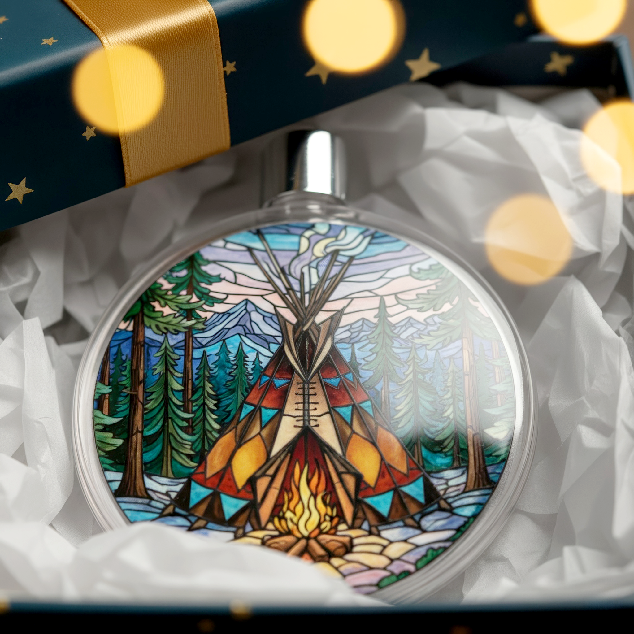 Native Teepee Stained Glass Design Clear Plastic and Aluminium Ornament Unique Christmas Gift Decor