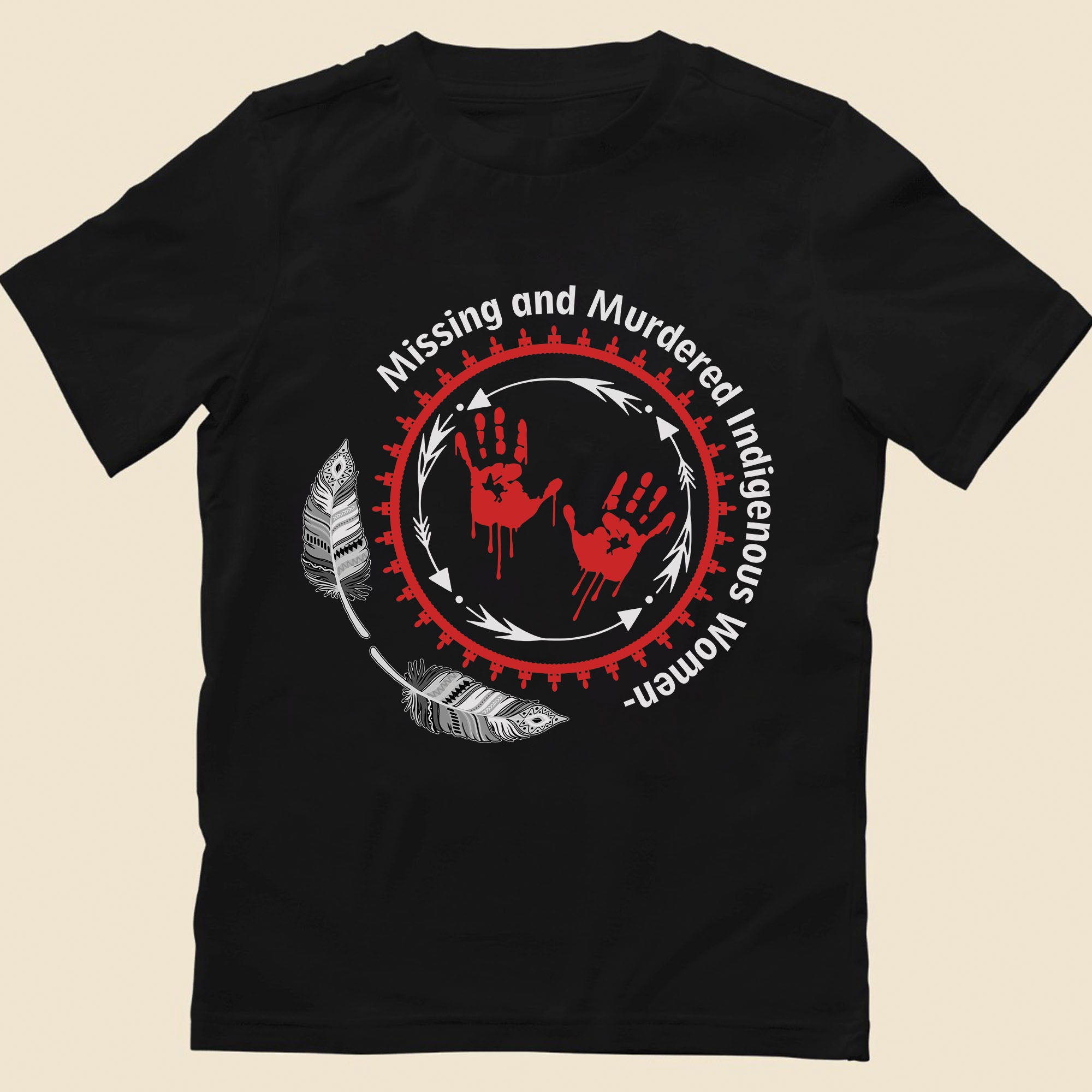 MMIW Awareness Honoring MMIW – Red Tee with Handprint & Sacred Feather Unisex T-shirt/T-shirt V-Neck/Hoodie/Sweatshirt
