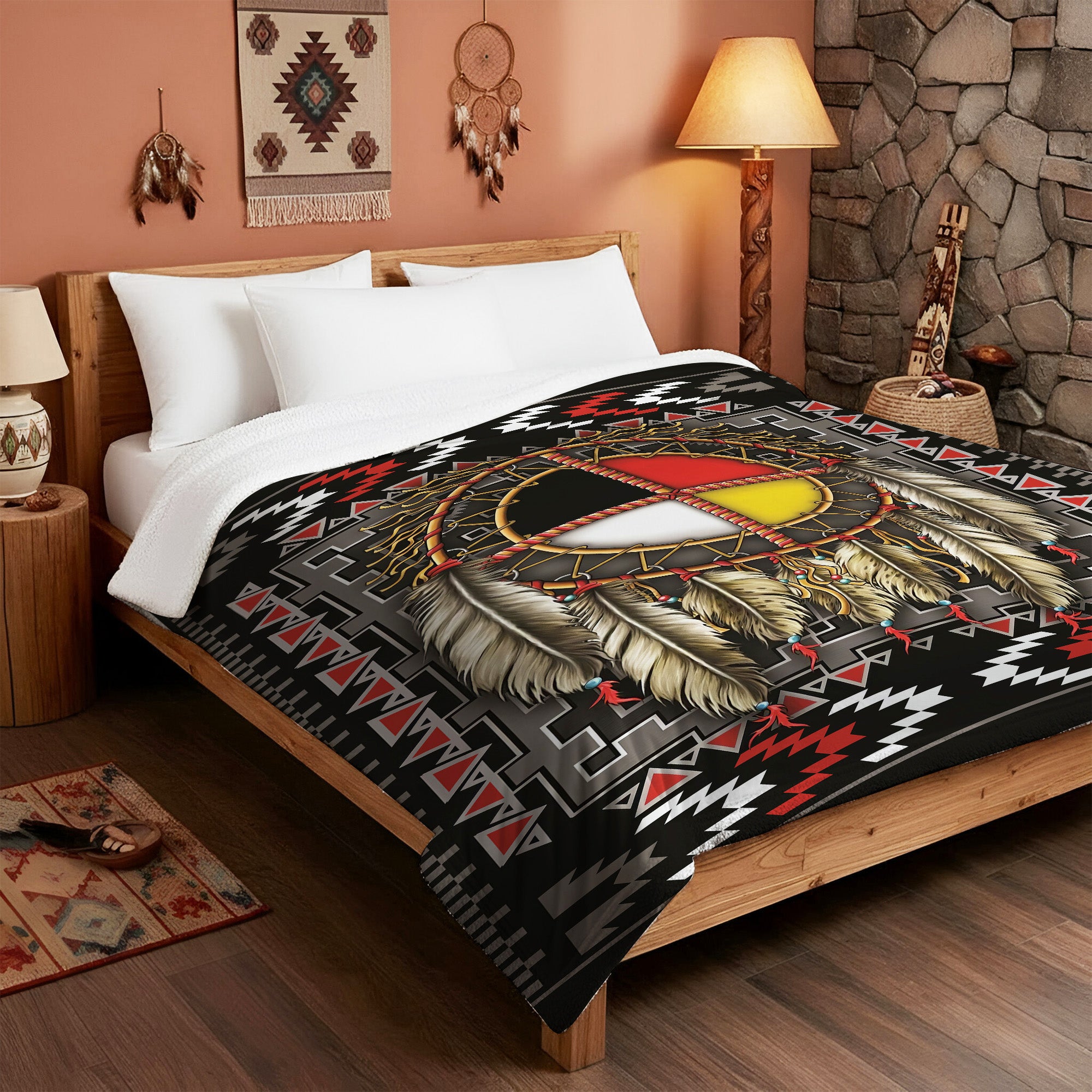 Native American Dreamcatcher Medicine Wheel with Feathers Soft And Warm Fleece Blanket